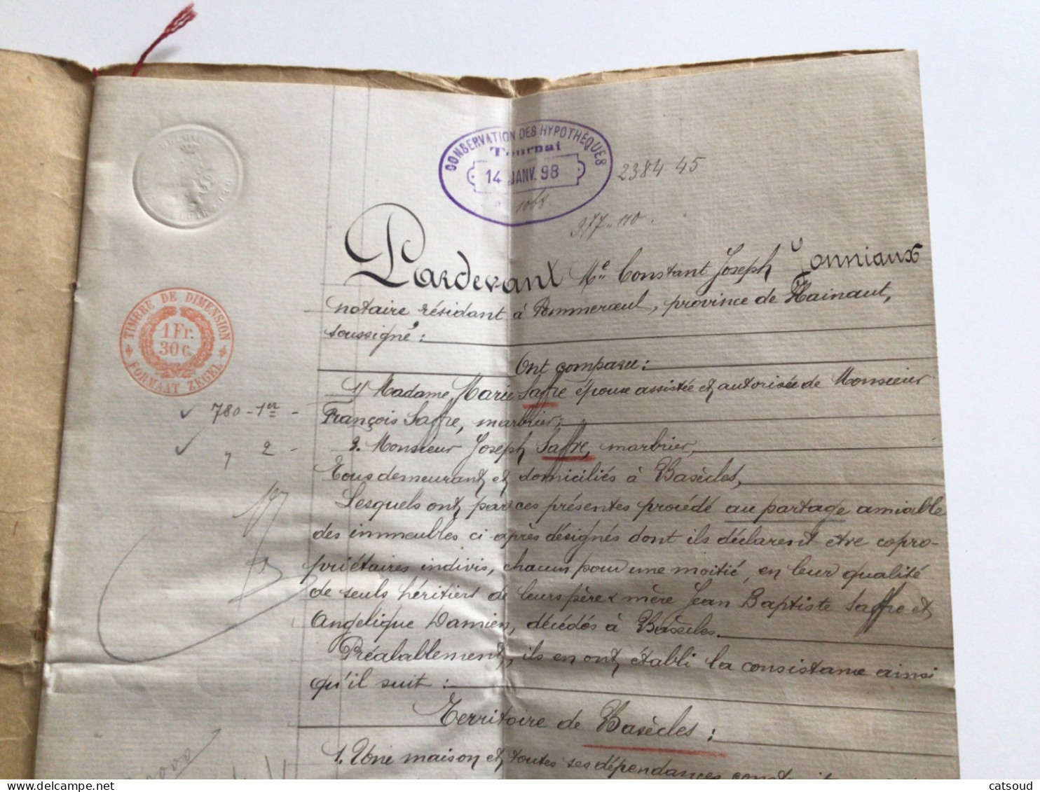 Ancien Document Notarial (1897) Pommeroeul Étude De Me C.J.JONNIAUX Partage François Saffre-Saffre - Manoscritti