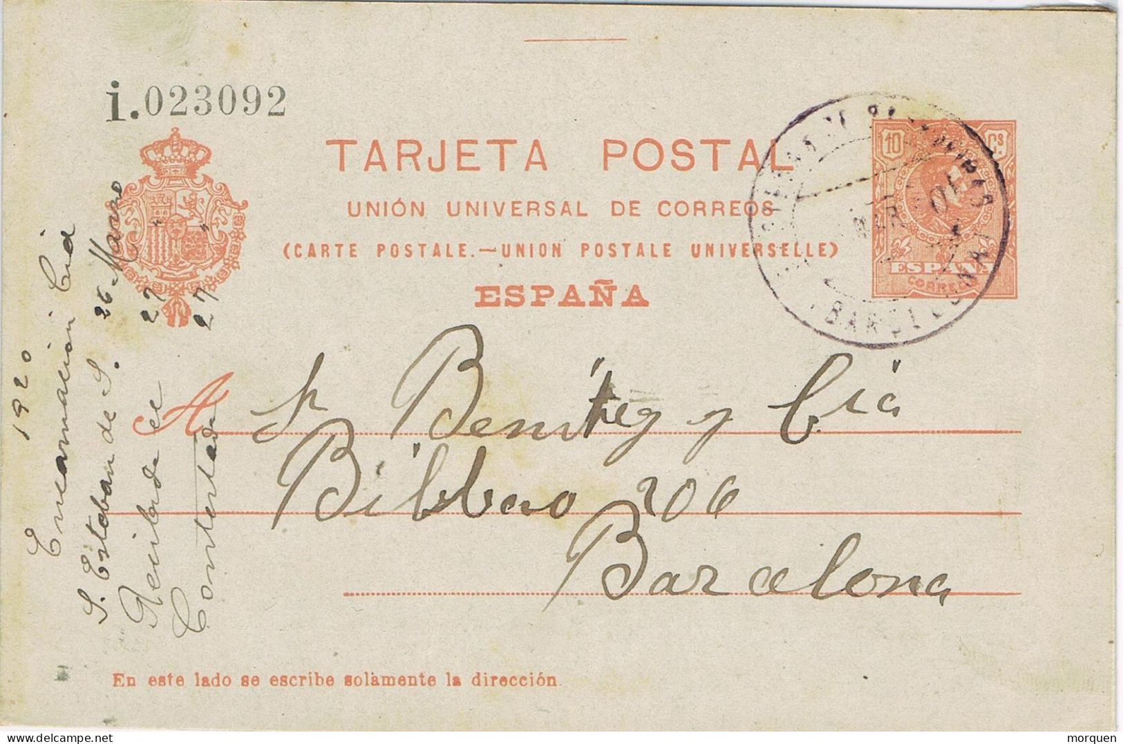 54597. Entero Postal SAN ESTEBAN De SESROVIRES (Barcelona) 1920. Alfonso XIII Medallon - 1850-1931