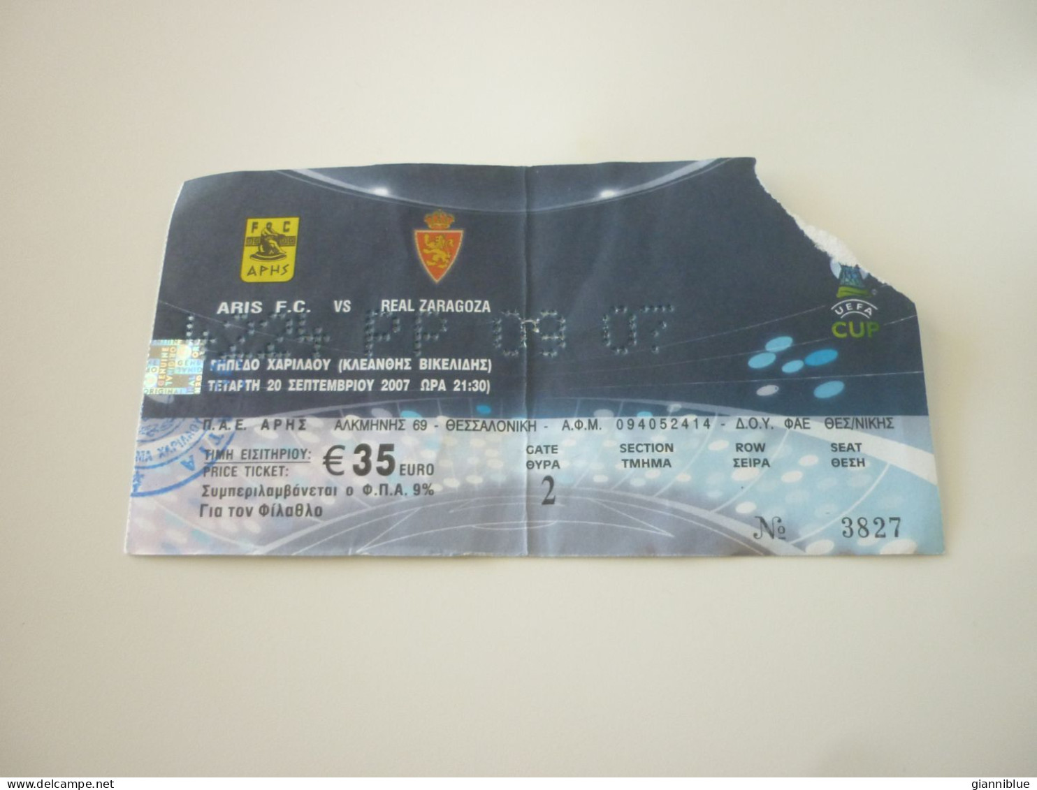 Aris-Real Zaragoza UEFA Cup Football Match Ticket Stub 20/09/2007 - Biglietti D'ingresso