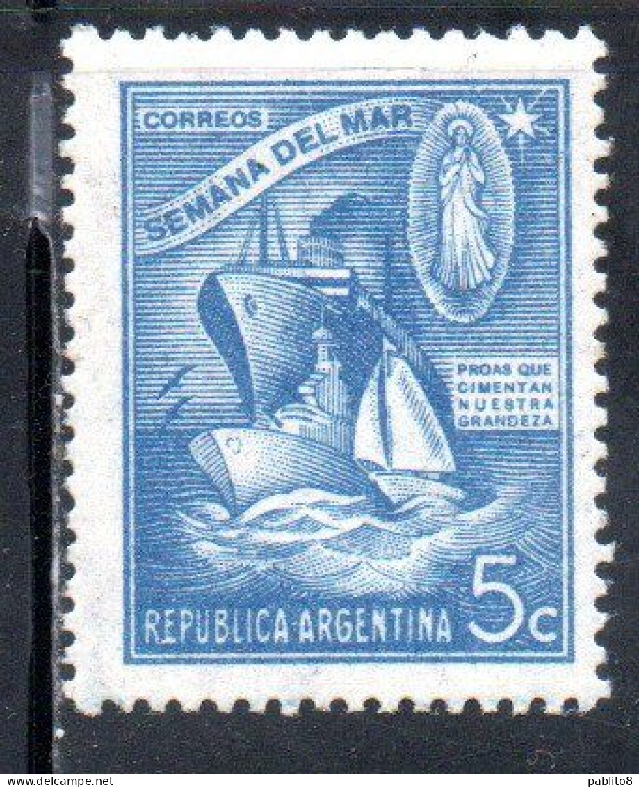 ARGENTINA 1944 COMMEMORATE SEA WEEK WARSHIP MERCHANT SHIP AND SAILBOAT 5c MNH - Ungebraucht