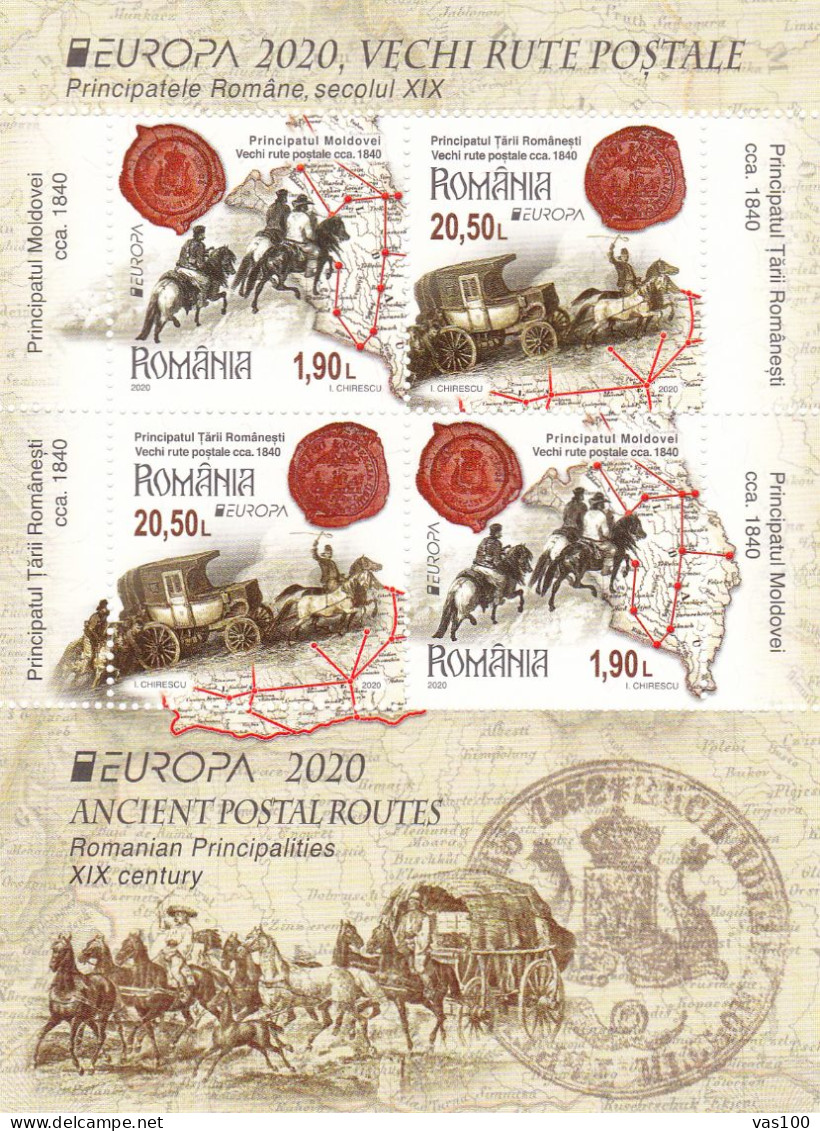 ROMANIA - EUROPA CEPT - 2020 - Ancient Postal Routes - M/S - Block I With 4 Stamps(2 Sets) MNH** - Nuevos