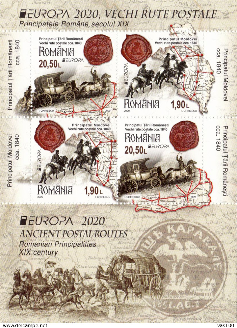 ROMANIA - EUROPA CEPT - 2020 - Ancient Postal Routes - M/S - Block I With 4 Stamps(2 Sets) MNH**,model 2 - Ongebruikt