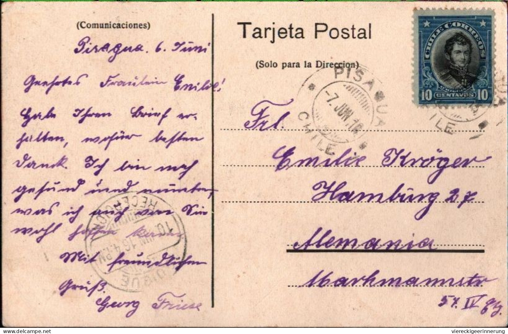 ! Alte Ansichtskarte Aus Chile, Pisagua, Plaza Ecuador, Ed. Carlos Brandt, Valparaiso, Libreria, 1916 - Cile