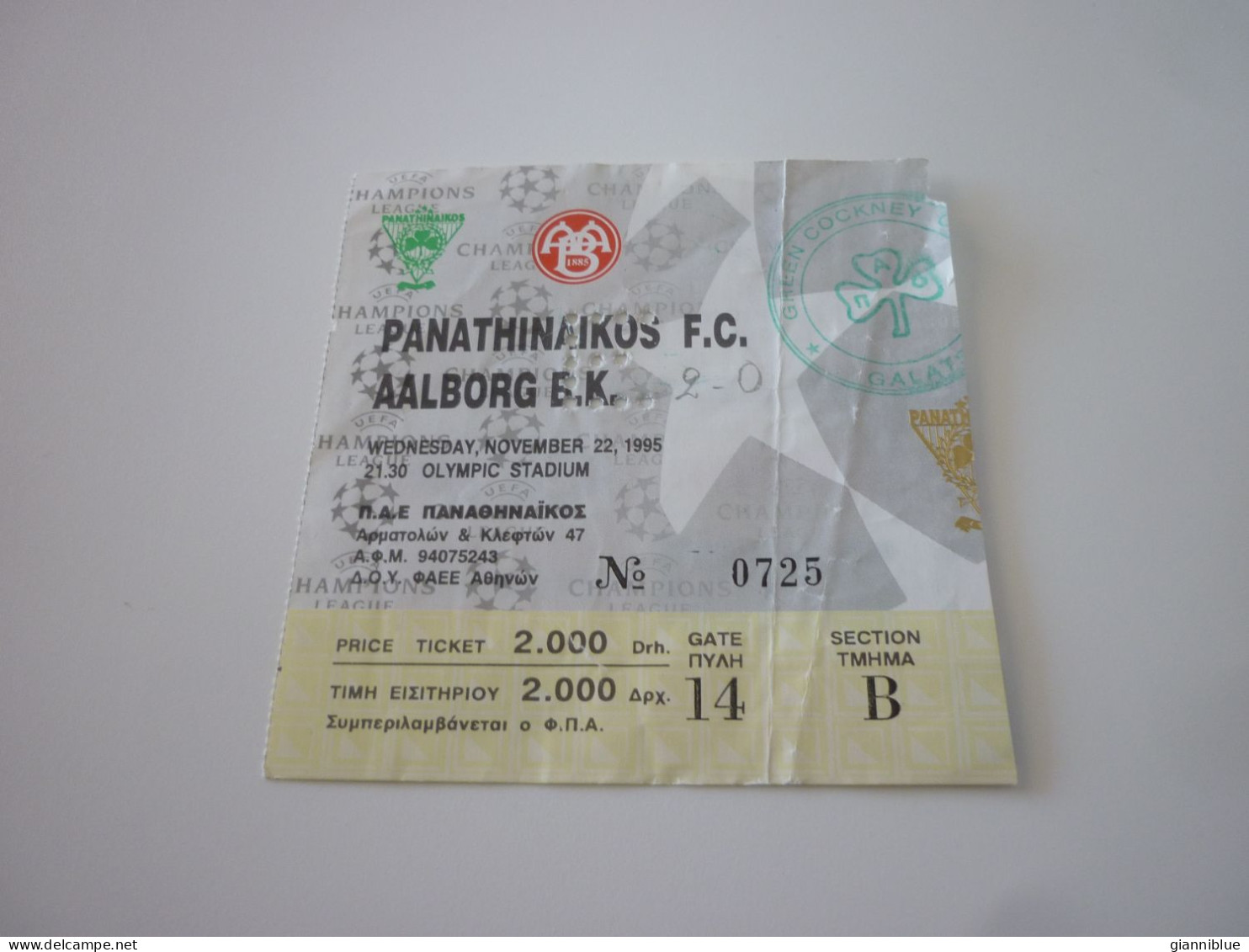 Panathinaikos-Aalborg UEFA Champions League Football Match Ticket Stub 22/11/1995 - Biglietti D'ingresso