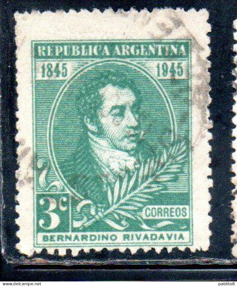 ARGENTINA 1945 BERNARDINO RIVADAVIA 3c USED USADO OBLITERE' - Oblitérés