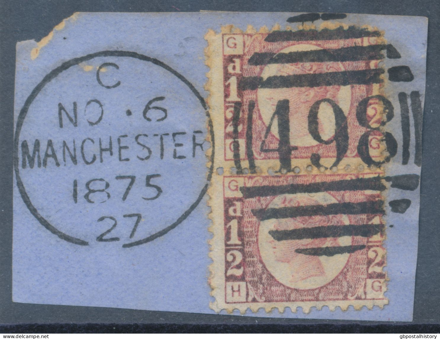 GB QV ½d Plate 5 (pair, GG-HG) Superb Used On Piece With Duplex „MANCHESTER / 498“, Lancashire (4VODA(1), Time Code „C 2 - Gebraucht