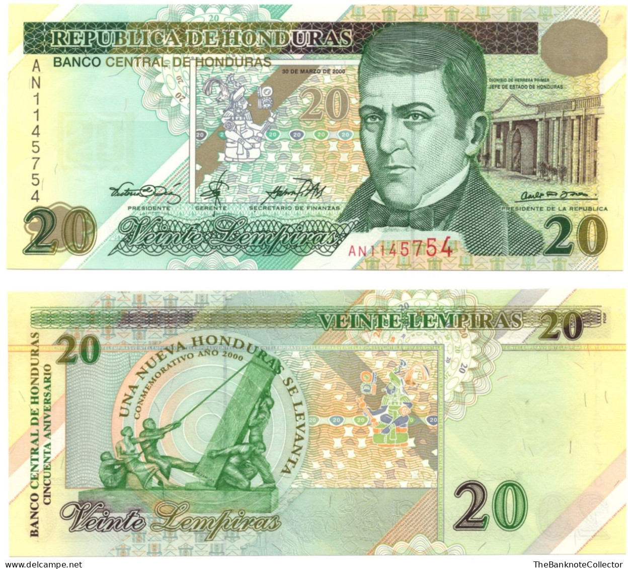 Honduras 20  Lempira Commemorative 2000 Issue 50th Anniversary Bank P-83 UNC - Honduras