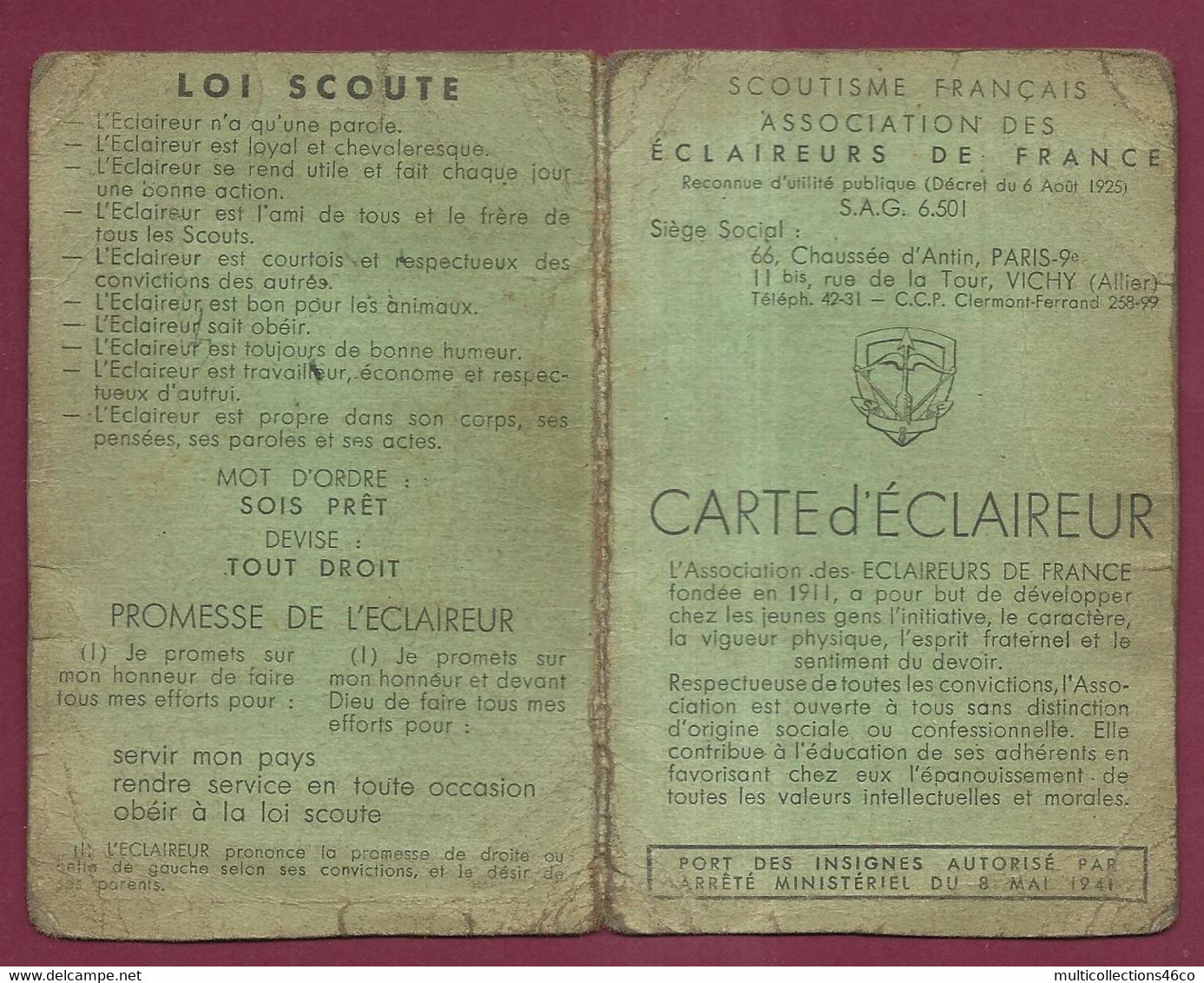 170223A - SCOUTISME ECLAIREURS DE FRANCE Carte De Membre Troupe GUYNEMER Auvergne - 1941 1943 Sois Prêt Tout Droit - Movimiento Scout