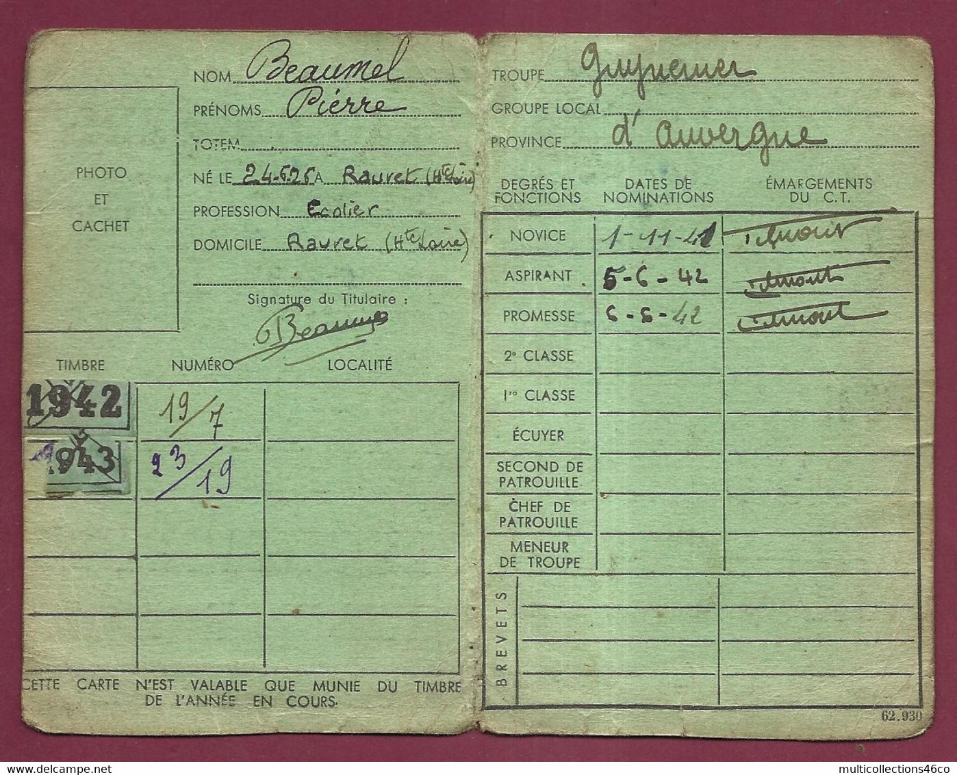 170223A - SCOUTISME ECLAIREURS DE FRANCE Carte De Membre Troupe GUYNEMER Auvergne - 1941 1943 Sois Prêt Tout Droit - Padvinderij