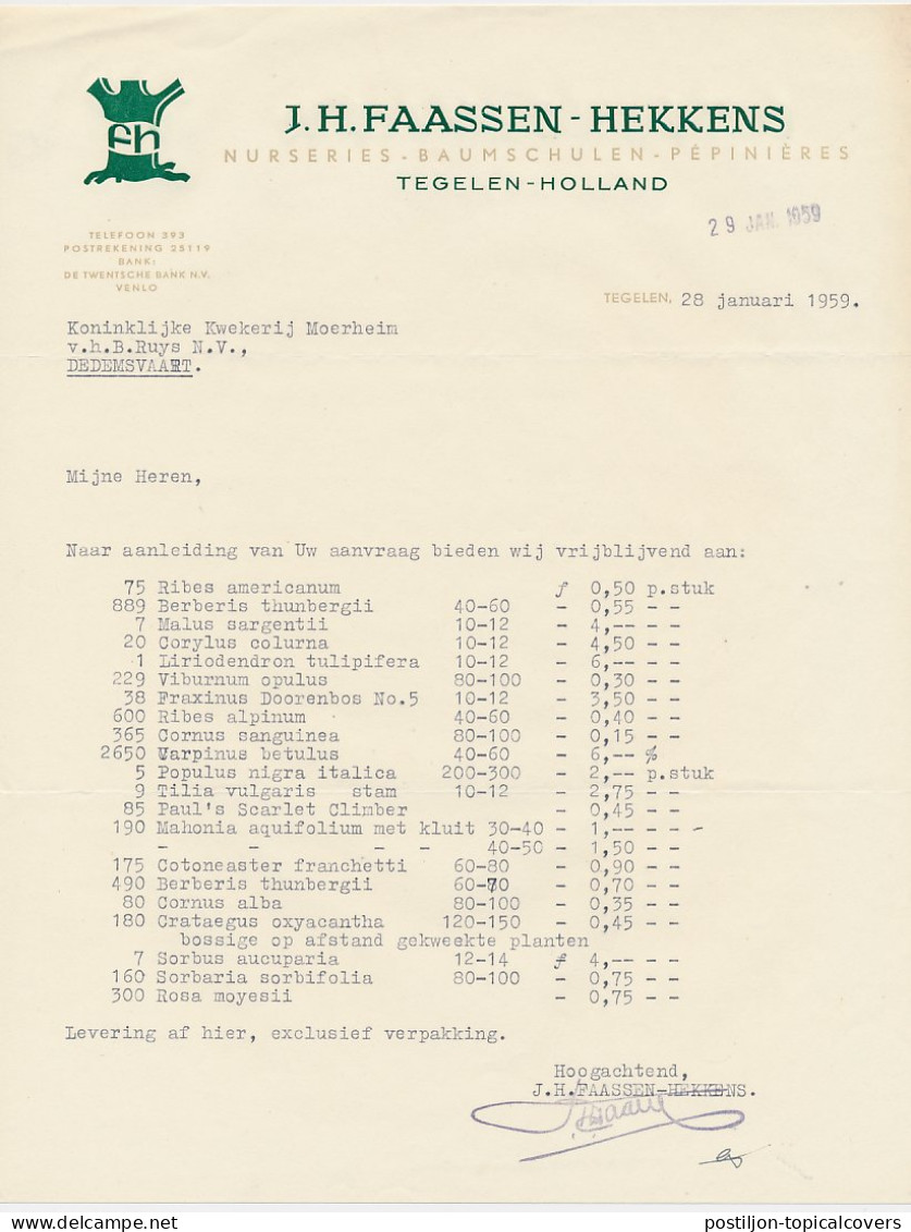 Brief Tegelen 1959 - Boomkwekerij - Paesi Bassi