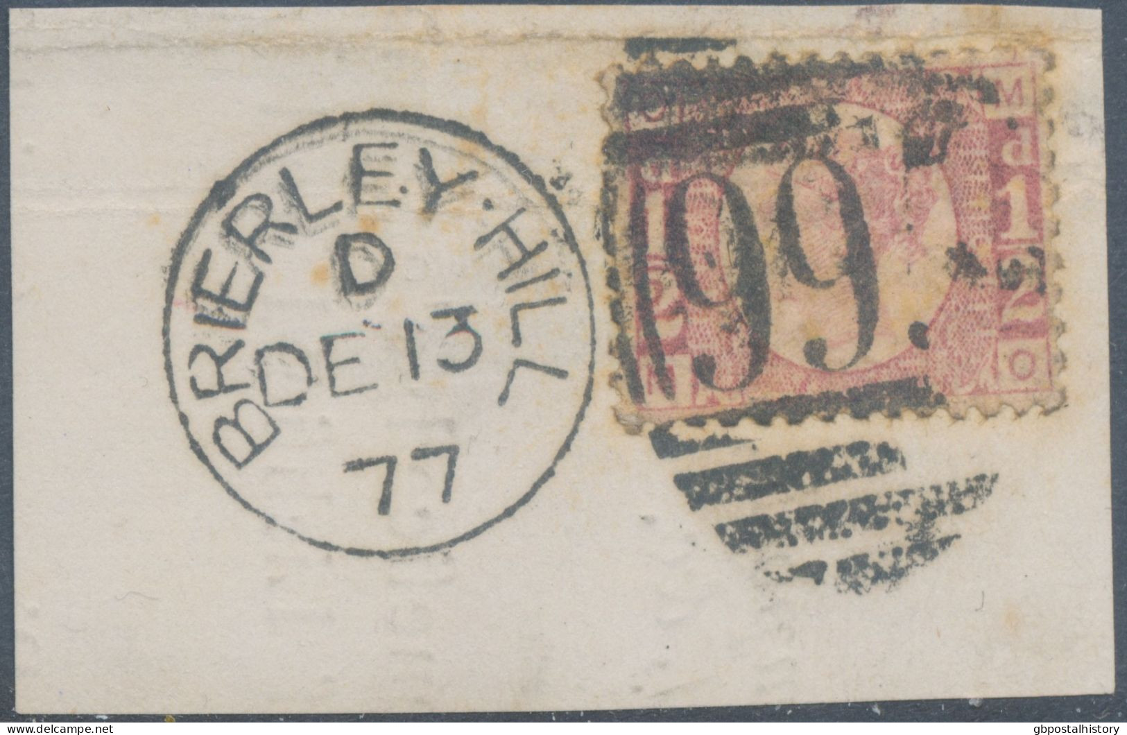 GB QV ½d Plate 10 (MO) Very Fine Used With Duplex „BRIERLEY-HILL / 995“, Staffordshire (4VOD, Time Code D), 13.12.1877 - Gebraucht