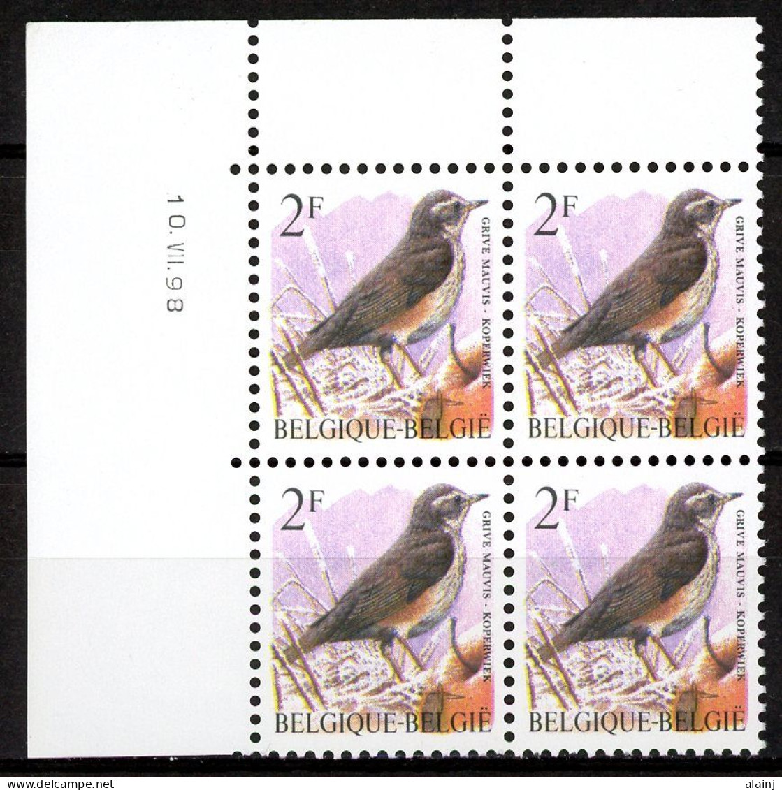 BE   2653  P8a  XX    ----    Oiseaux Buzin : Grive Mauvis  --  Blocs De 4 Coin De Feuille - Datiert