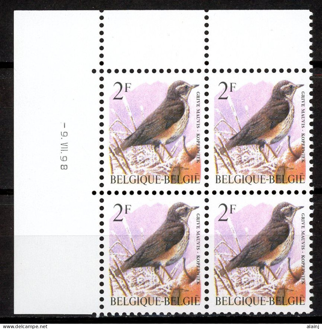 BE   2653  P8  XX    ----    Oiseaux Buzin : Grive Mauvis  --  Blocs De 4 Coin De Feuille - Datiert