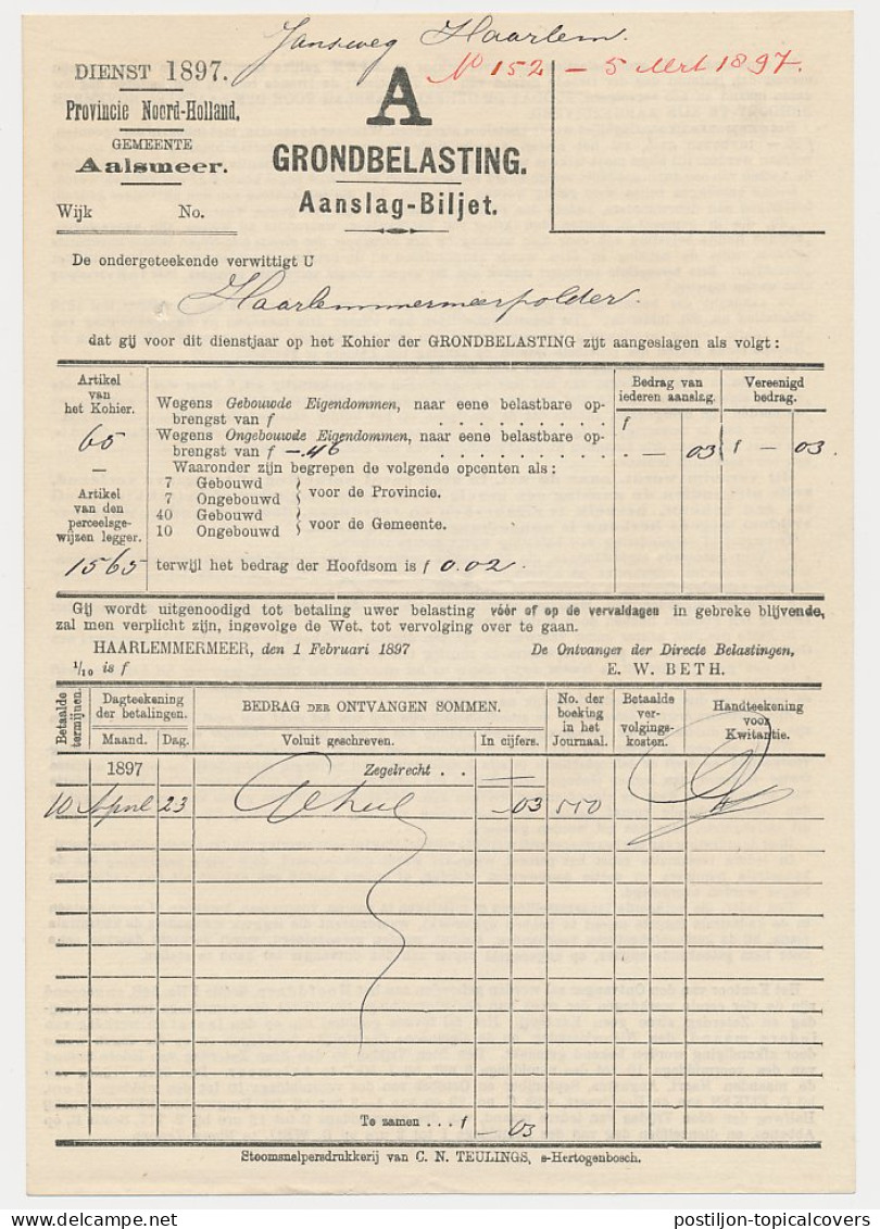 Aanslagbiljet Aalsmeer - Haarlemmermeer 1897 - Fiscaux