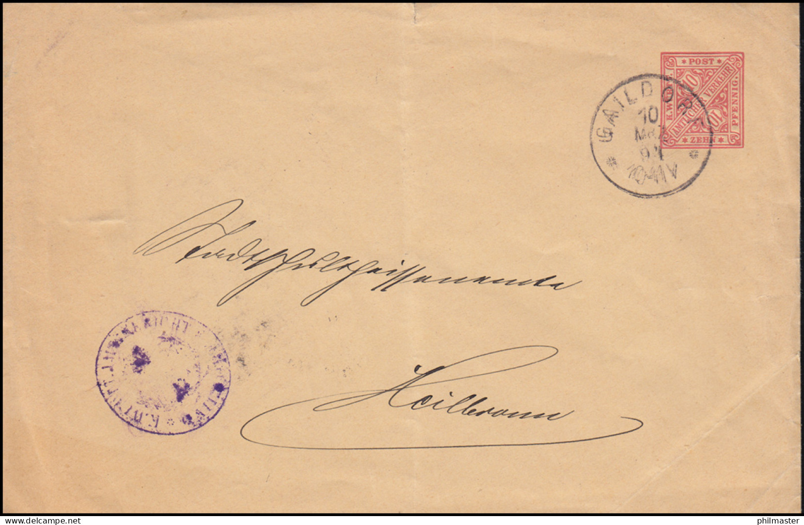 Dienstumschlag DU 13 AIb Amtsgericht GAILDORF10.3.1894 Nach HEILBRONN 13.3.94 - Postal  Stationery