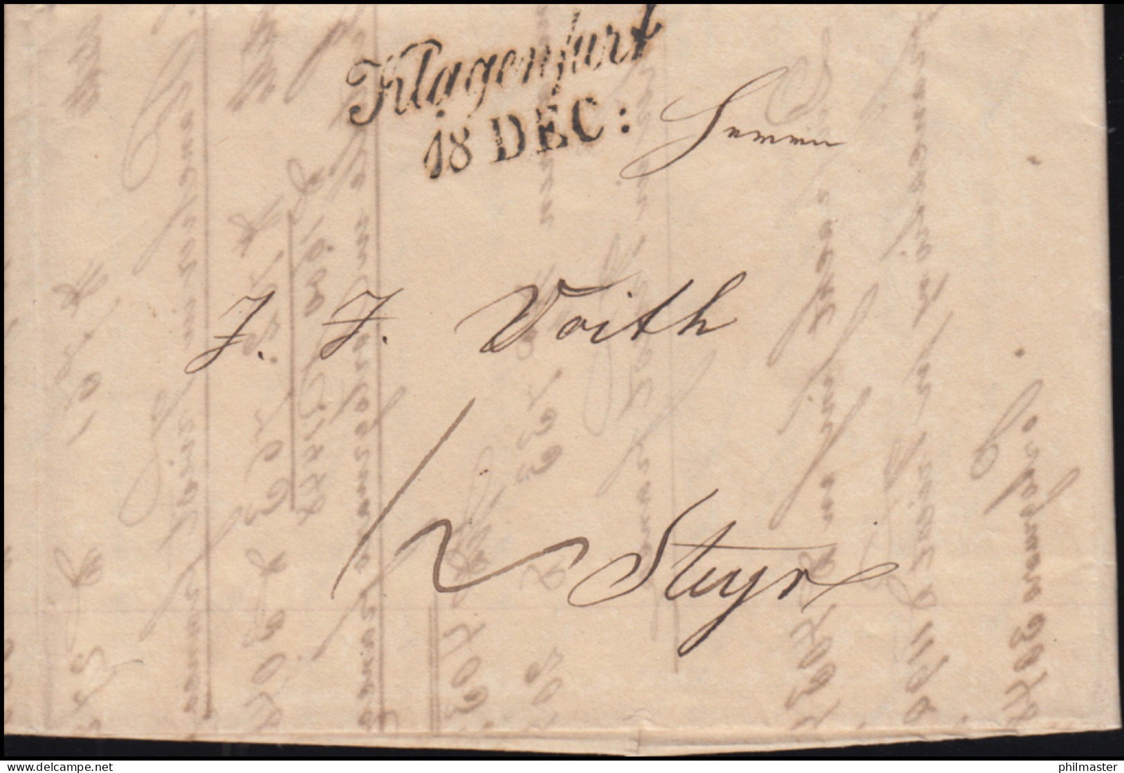 Österreich Vorphilatelie Faltbrief Zweizeiler Klagenfurt 18.12.(1842) Nach STEYR - ...-1850 Prephilately