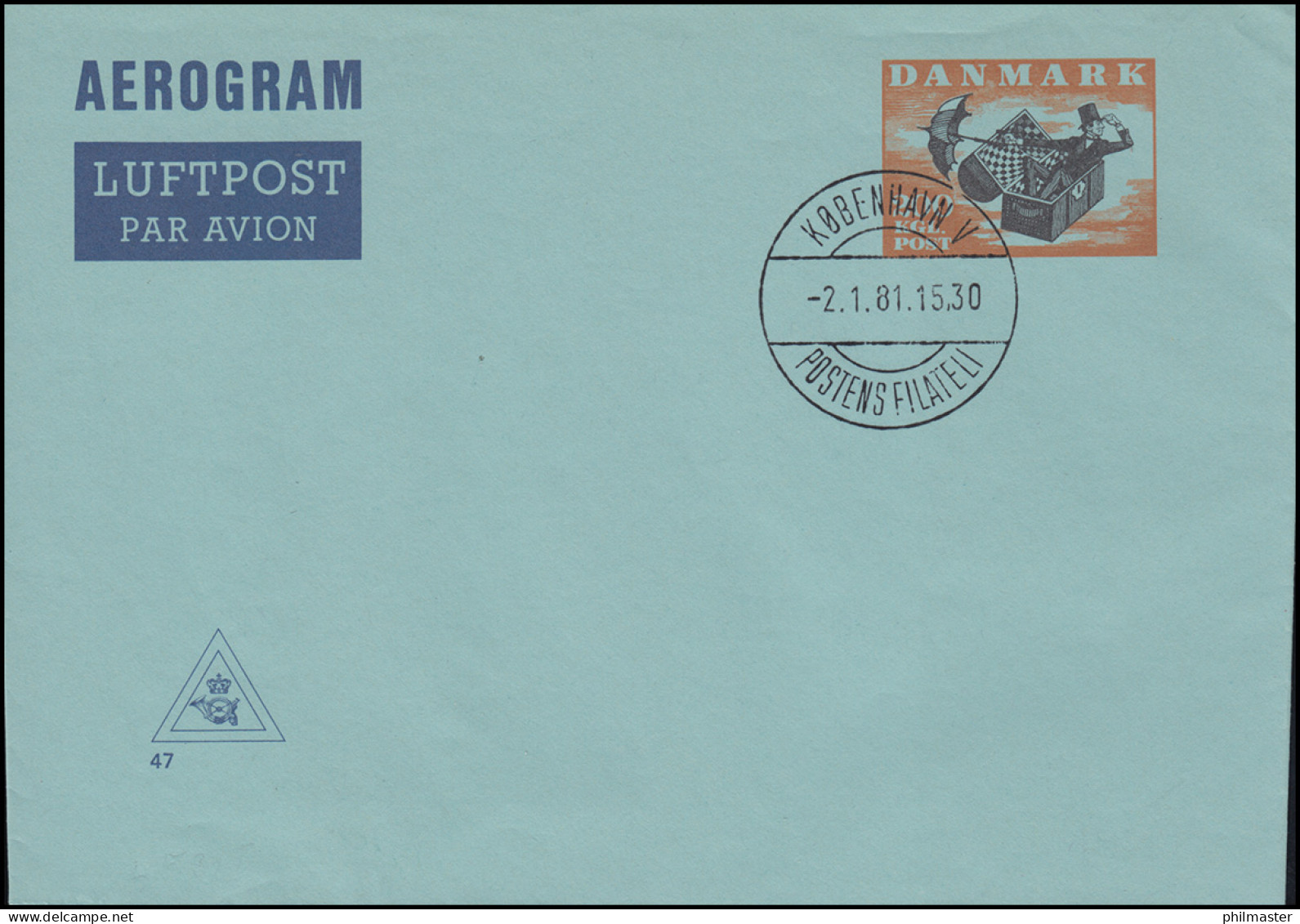 Dänemark Aerogramm LF 31I Der Fliegende Koffer 200 Öre, Kz. 47, ET-O 2.1.1981 - Enteros Postales