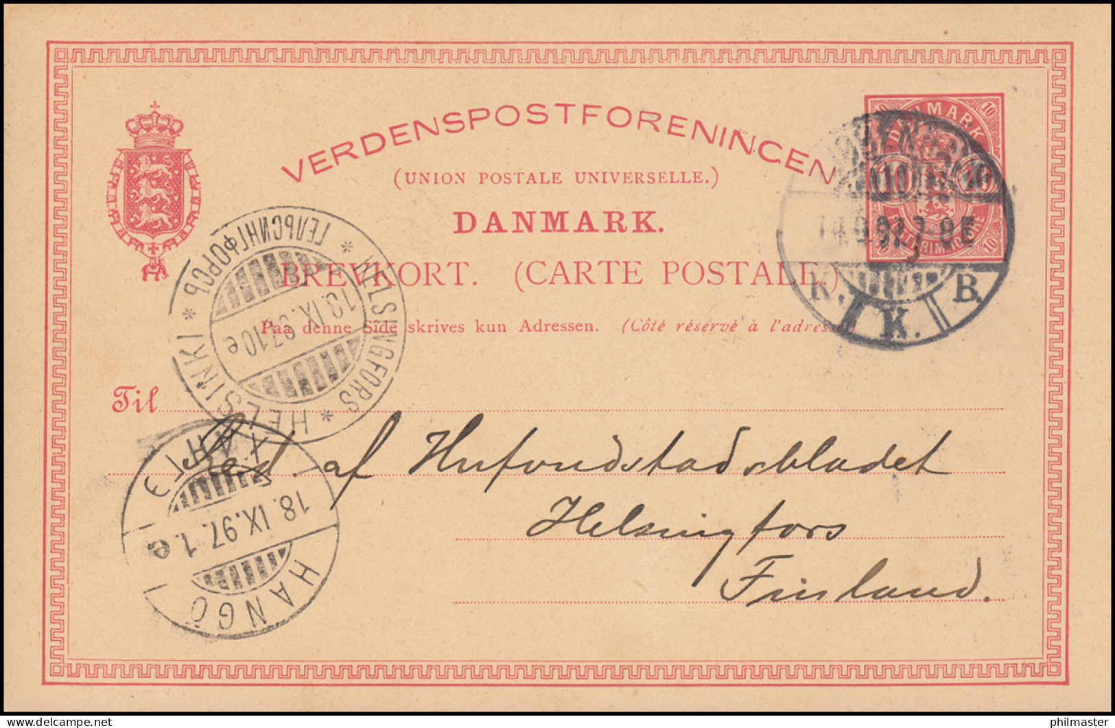 Dänemark Postkarte Wappen Im Oval 10 Öre, KJOBENHAVN 14.9.1897 Nach HELSINKI - Postwaardestukken