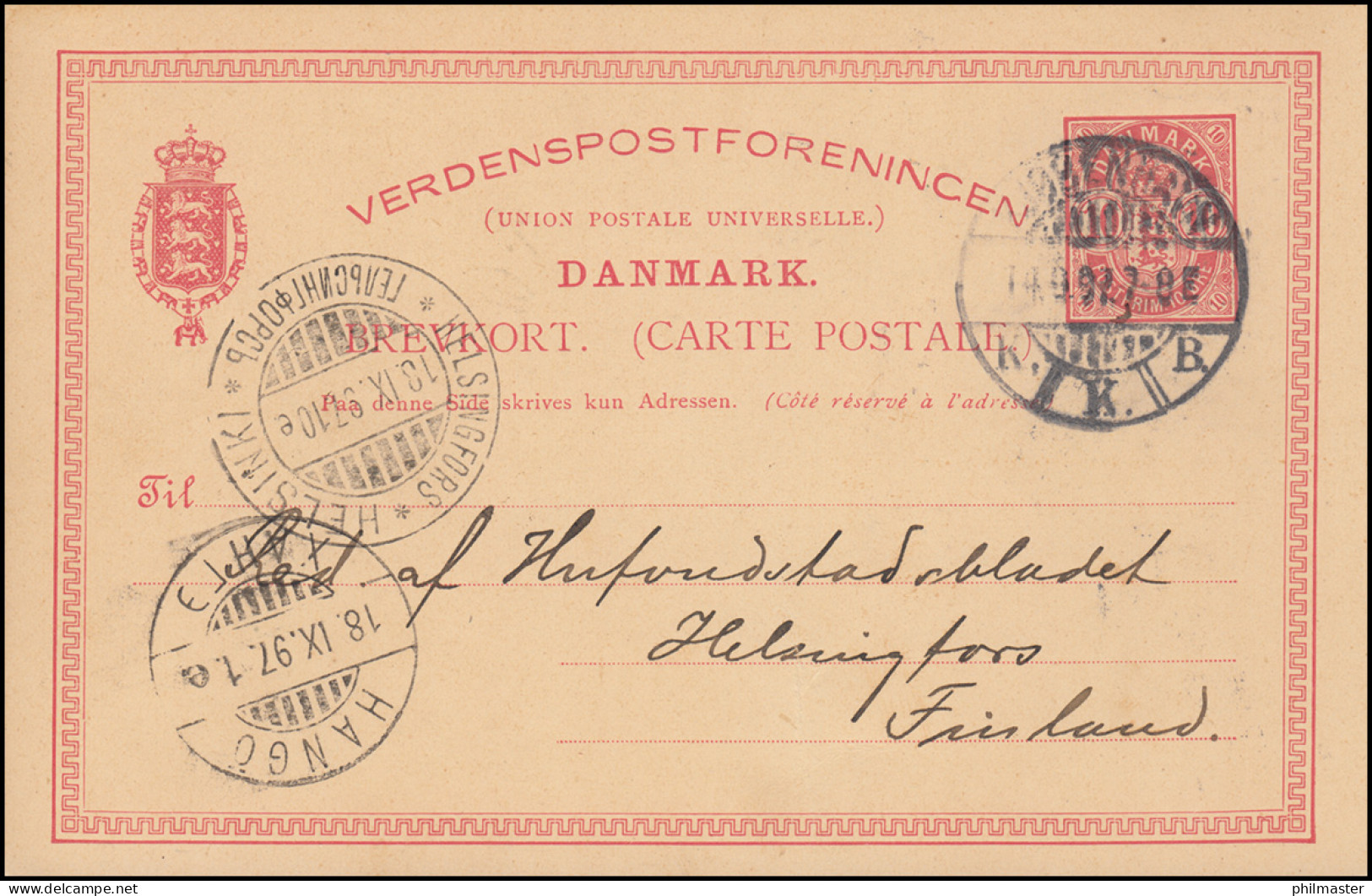 Dänemark Postkarte Wappen Im Oval 10 Öre, KJOBENHAVN 14.9.1897 Nach HELSINKI - Ganzsachen