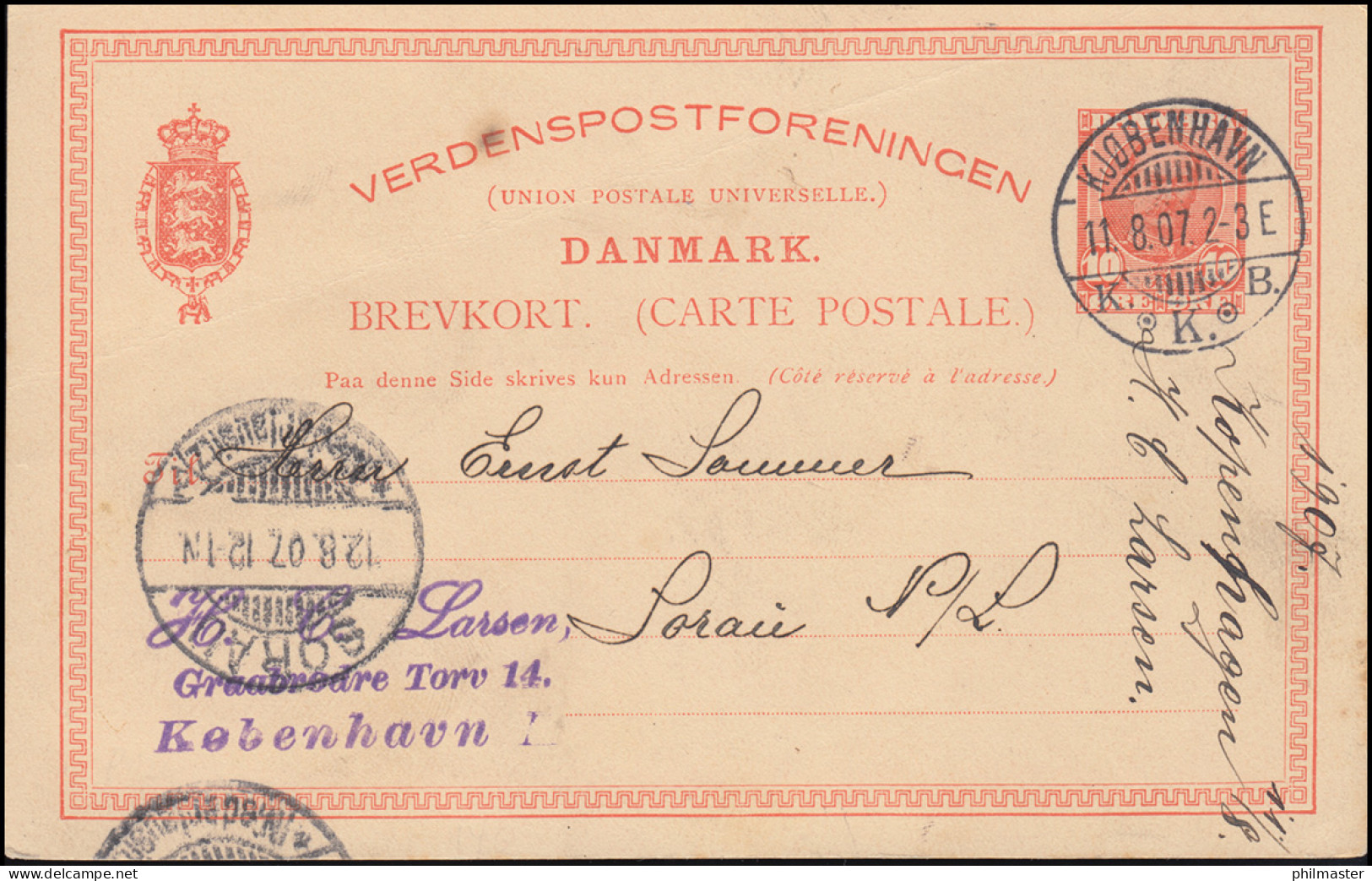 Dänemark Postkarte Frederik VIII. 10 Öre, KJOBENHAVN 11.8.1907 Nach SORAU 12.8. - Ganzsachen