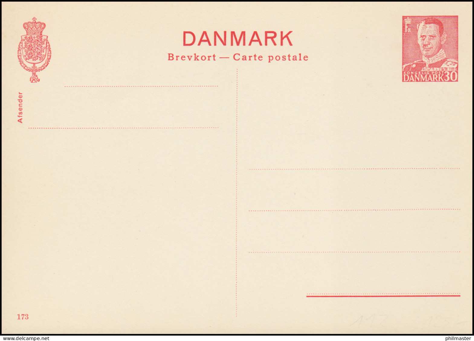 Dänemark Postkarte P 234 Frederik IX. 30 Öre, Kz. 173, ** - Postwaardestukken