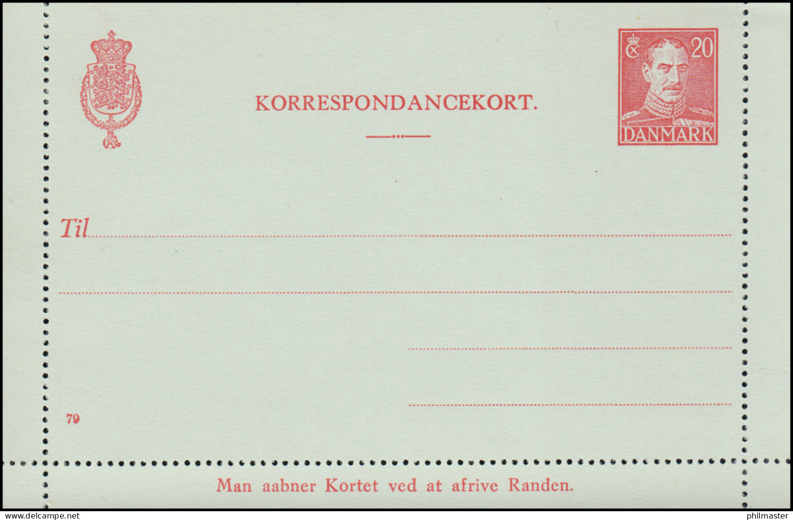 Dänemark Kartenbrief K 57I König Christian X. 20 Öre, Kz. 79, ** - Enteros Postales