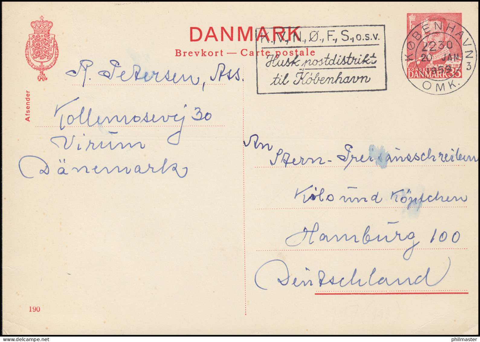 Dänemark Postkarte P 244 Frederik IX. 35 Öre, Kz. 190, KØBENHAVN 20.1.1959 - Ganzsachen