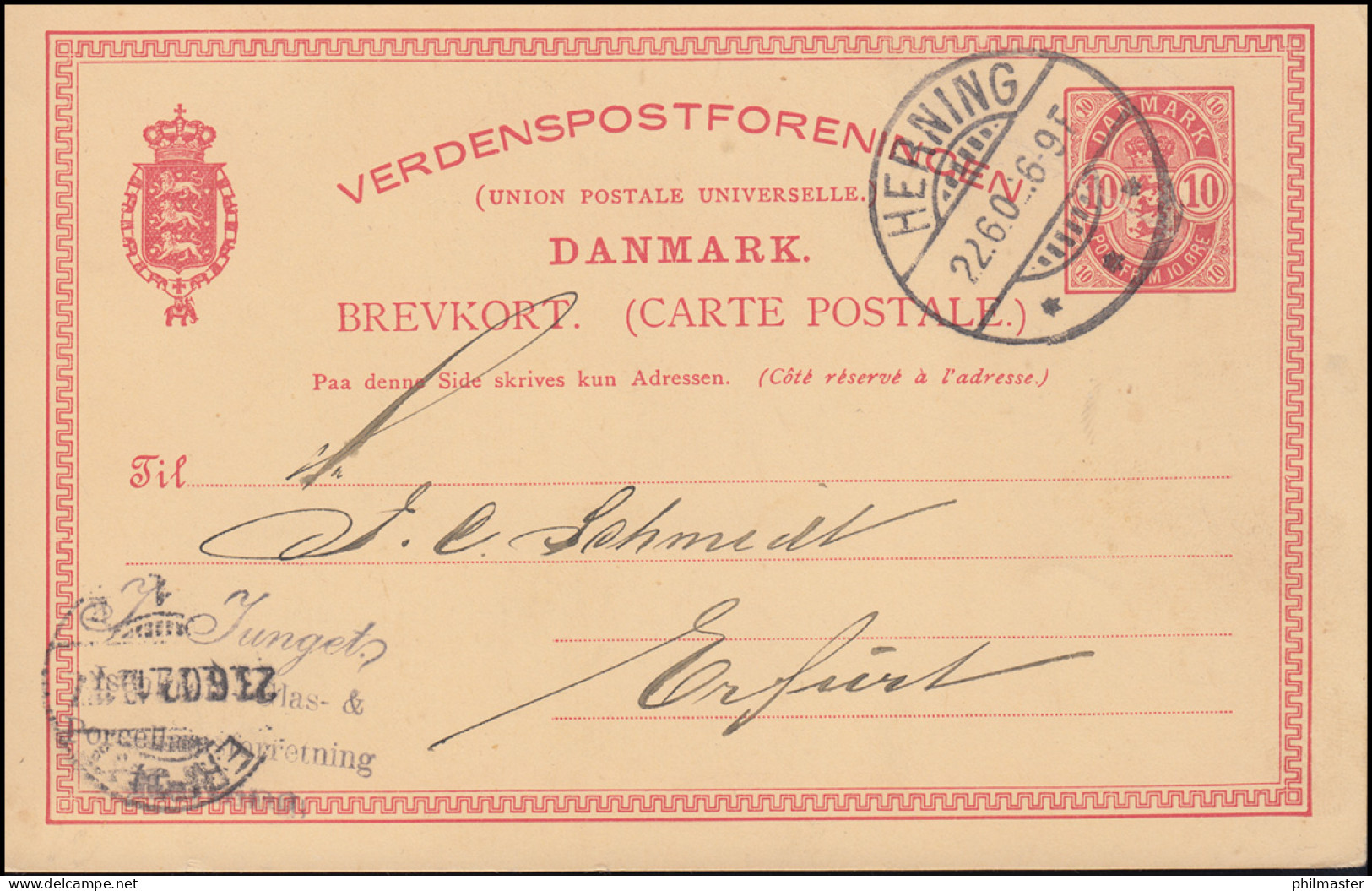 Dänemark Postkarte Wappen Im Oval 10 Öre, HERNING 22.6.1902 Nach ERFURT 23.6.02 - Ganzsachen