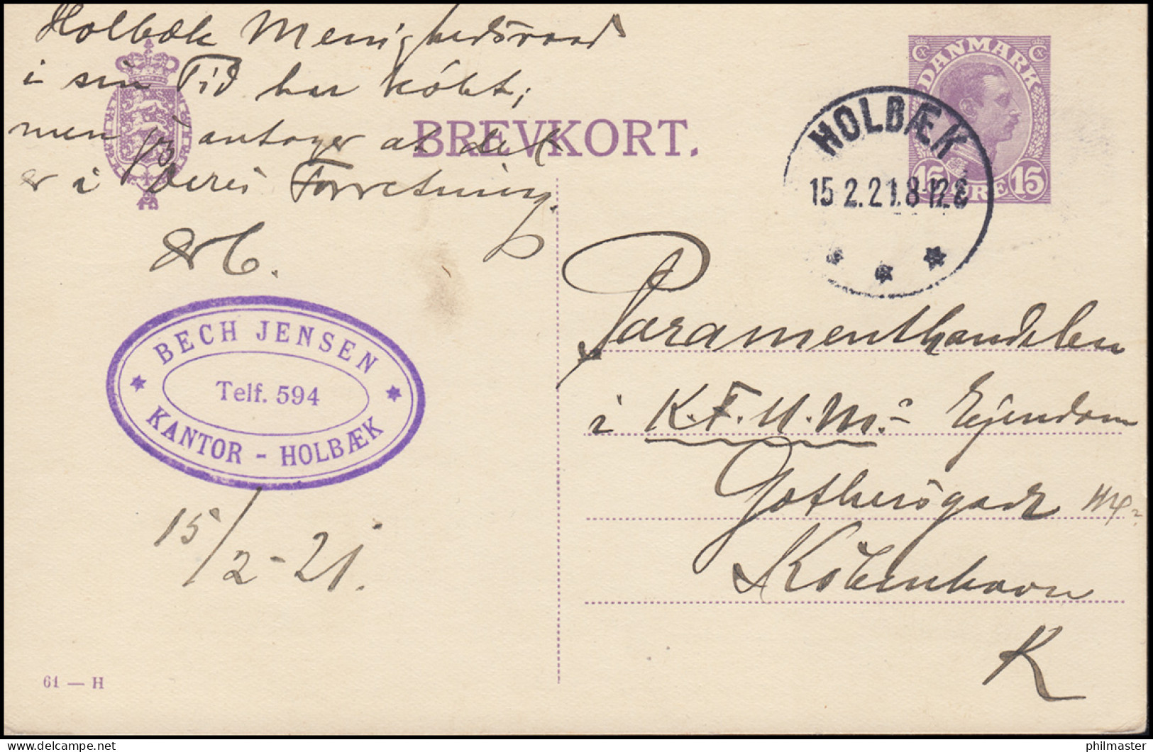 Dänemark Postkarte P 167II Christian X. 15 Öre Kz.61-H, Holbaek/Holbæk 15.2.1921 - Postal Stationery