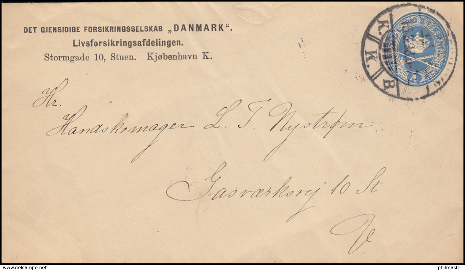 Dänemark Umschlag Krone Mit Zepter Und Schwert 4 Öre Blau, KJOBENHAVN 16.3.1898 - Enteros Postales