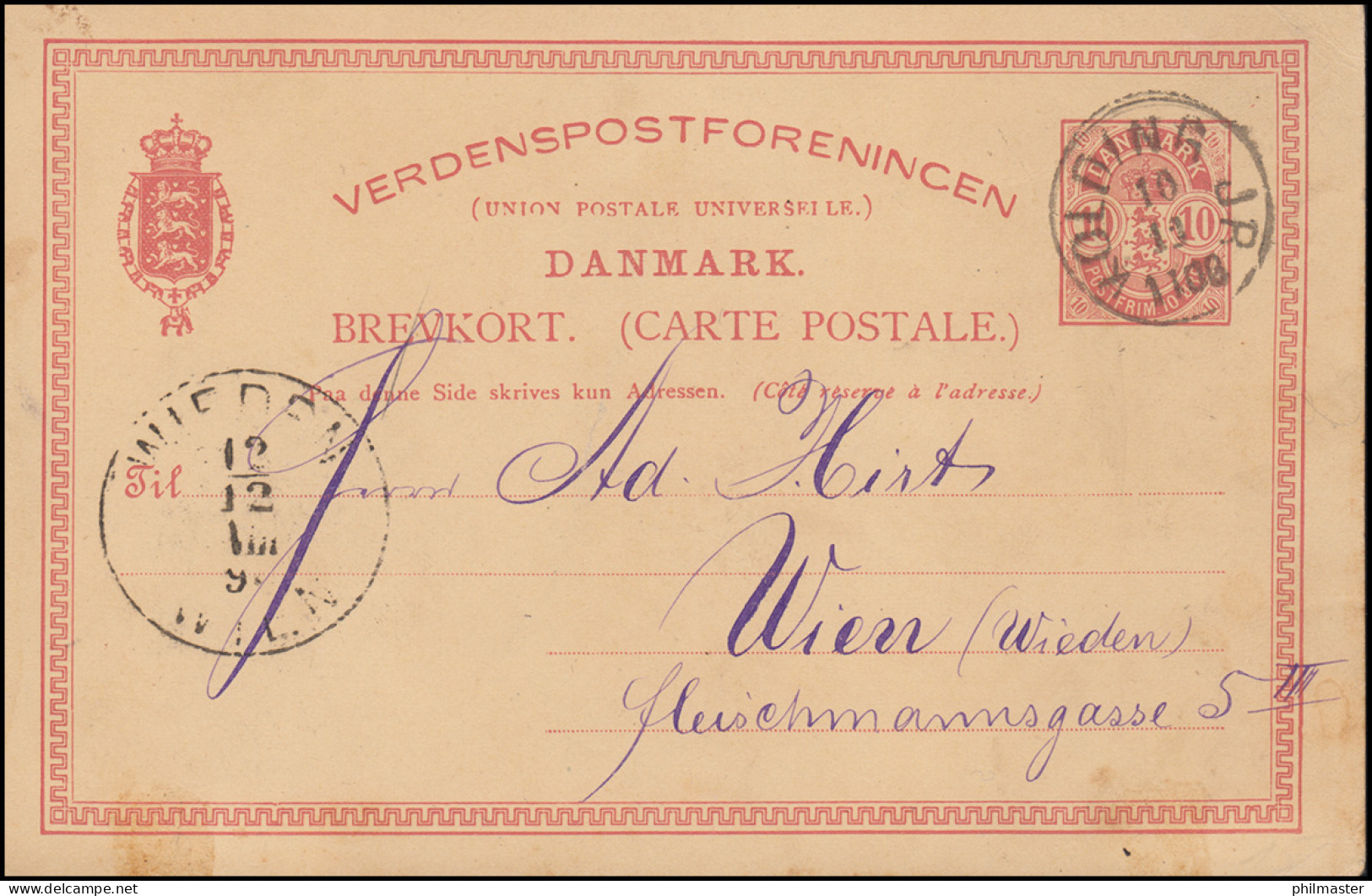 Dänemark Postkarte Wappen Im Oval 10 Öre, KOLDING 10.12.1890 Nach WIEN 12.12.90 - Postal Stationery