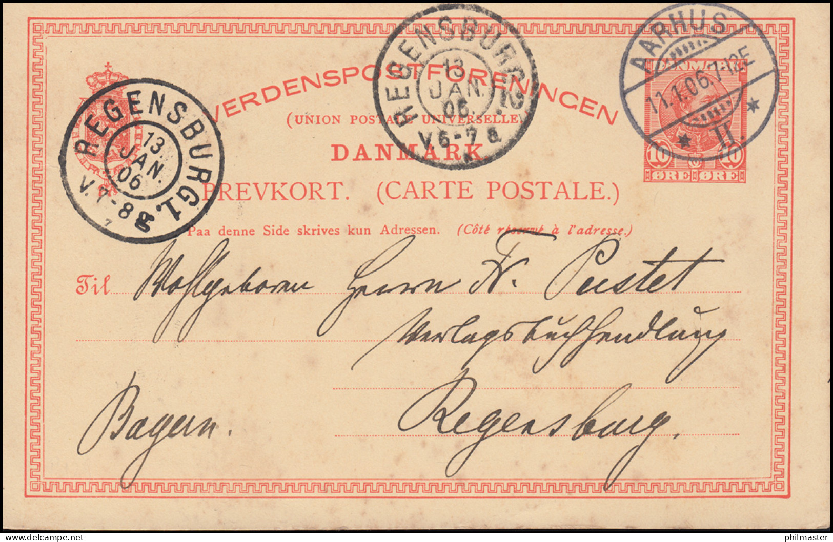 Dänemark Postkarte P 129 Christian IX. 10 Öre, AARHUS 11.1.1906 Nach REGENSBURG - Postal Stationery