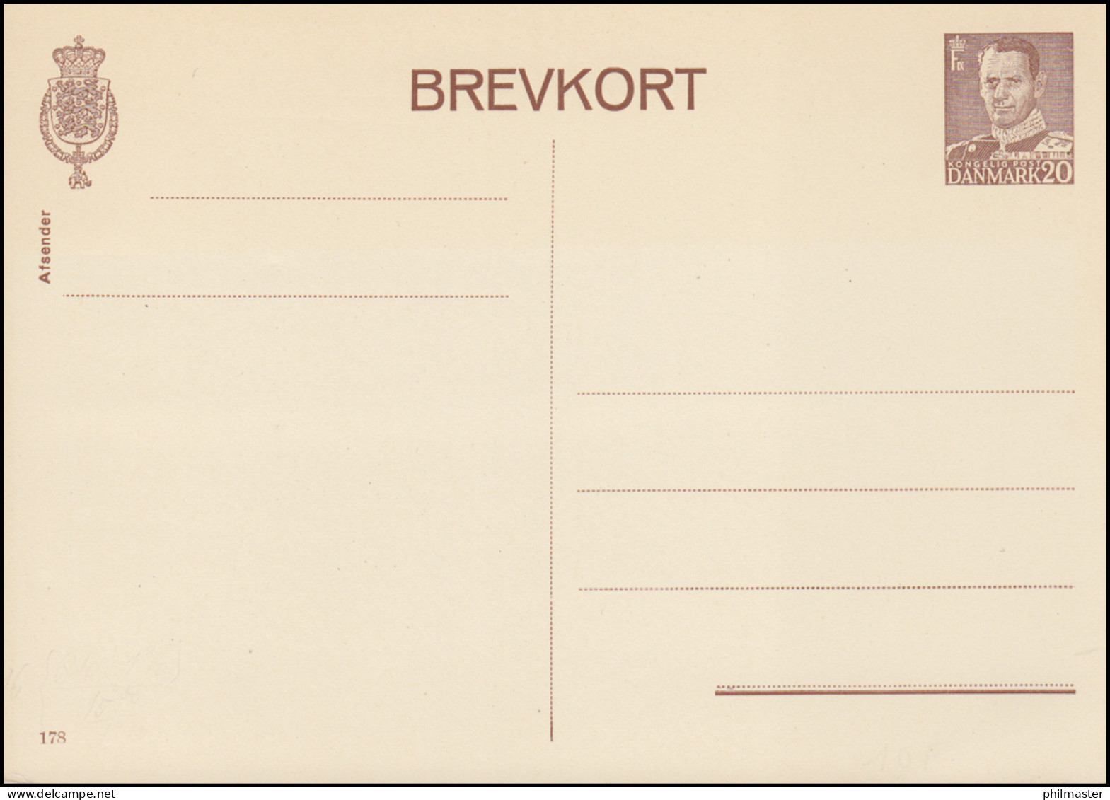 Dänemark Postkarte P 243I Frederik IX. 20 Öre, 4. Zeile Kurz, Kz. 178, ** - Enteros Postales