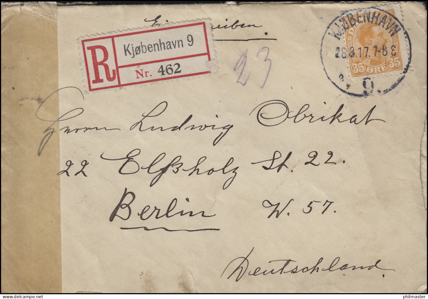 Zensurpost Dänemark Nach Deutschland EF 72 R-Bf. KOPENHAGEN 28.8.17: Kriegsrecht - Enteros Postales