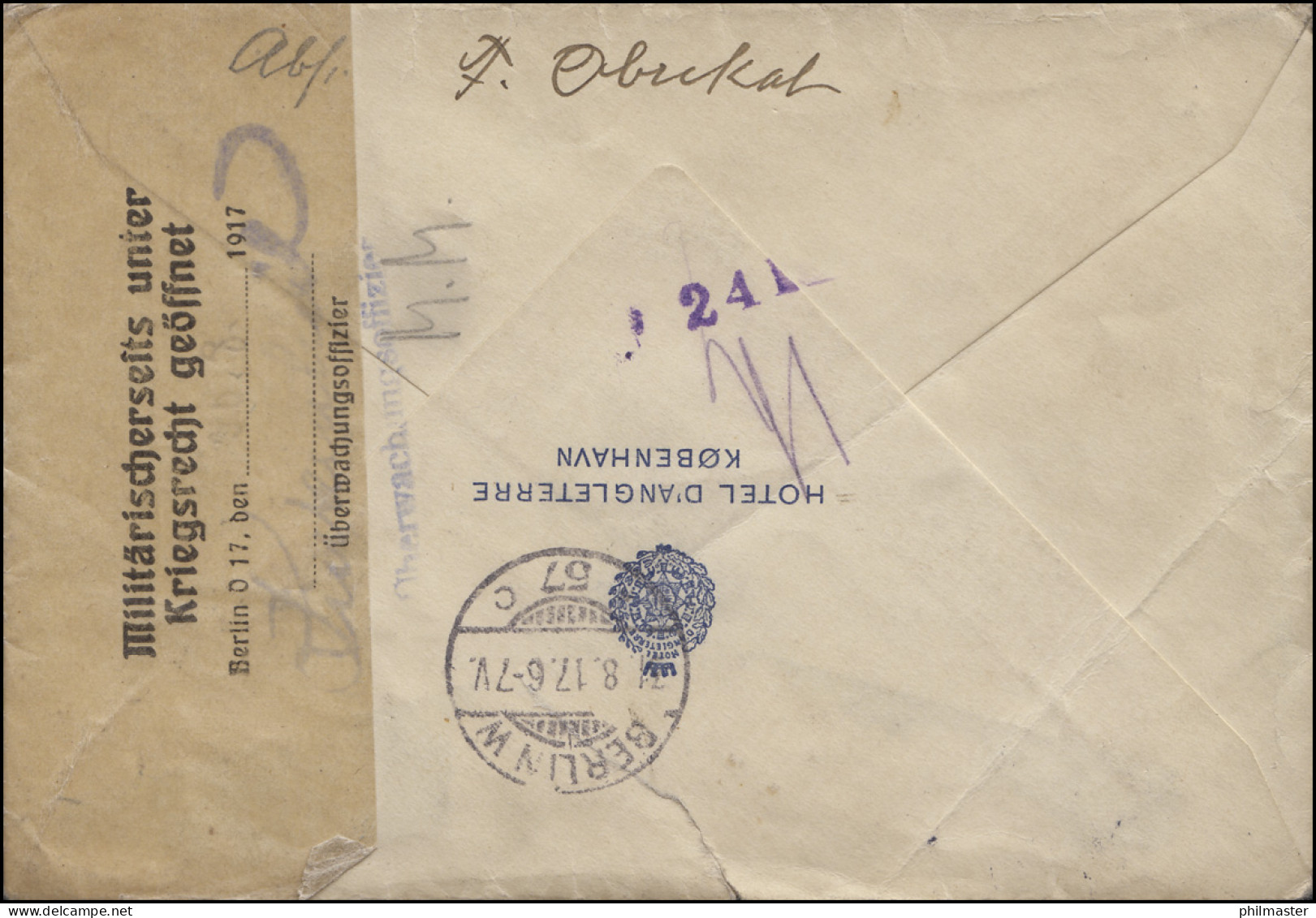 Zensurpost Dänemark Nach Deutschland EF 72 R-Bf. KOPENHAGEN 28.8.17: Kriegsrecht - Enteros Postales