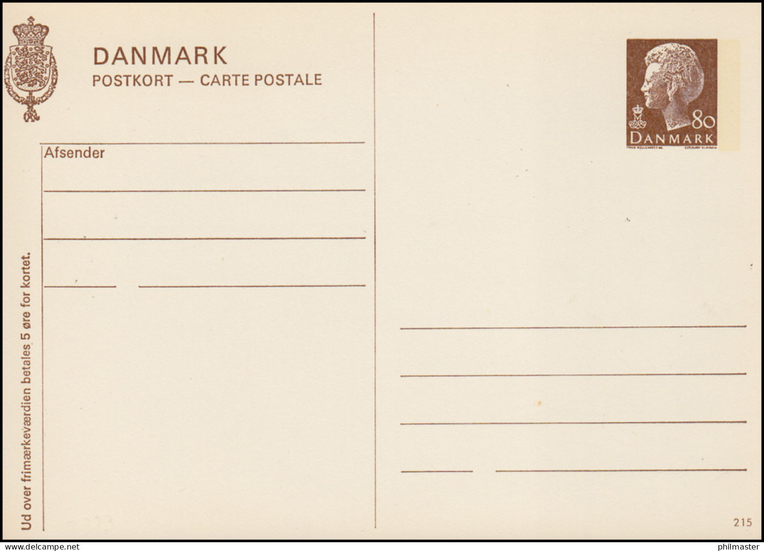 Dänemark Postkarte P 273 Königin Margrethe 80 Öre, Kz. 215, ** - Postal Stationery