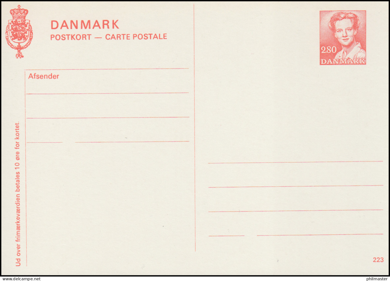 Dänemark Postkarte P 280 Königin Margrethe 2,80 Kronen, Kz. 223, ** - Enteros Postales
