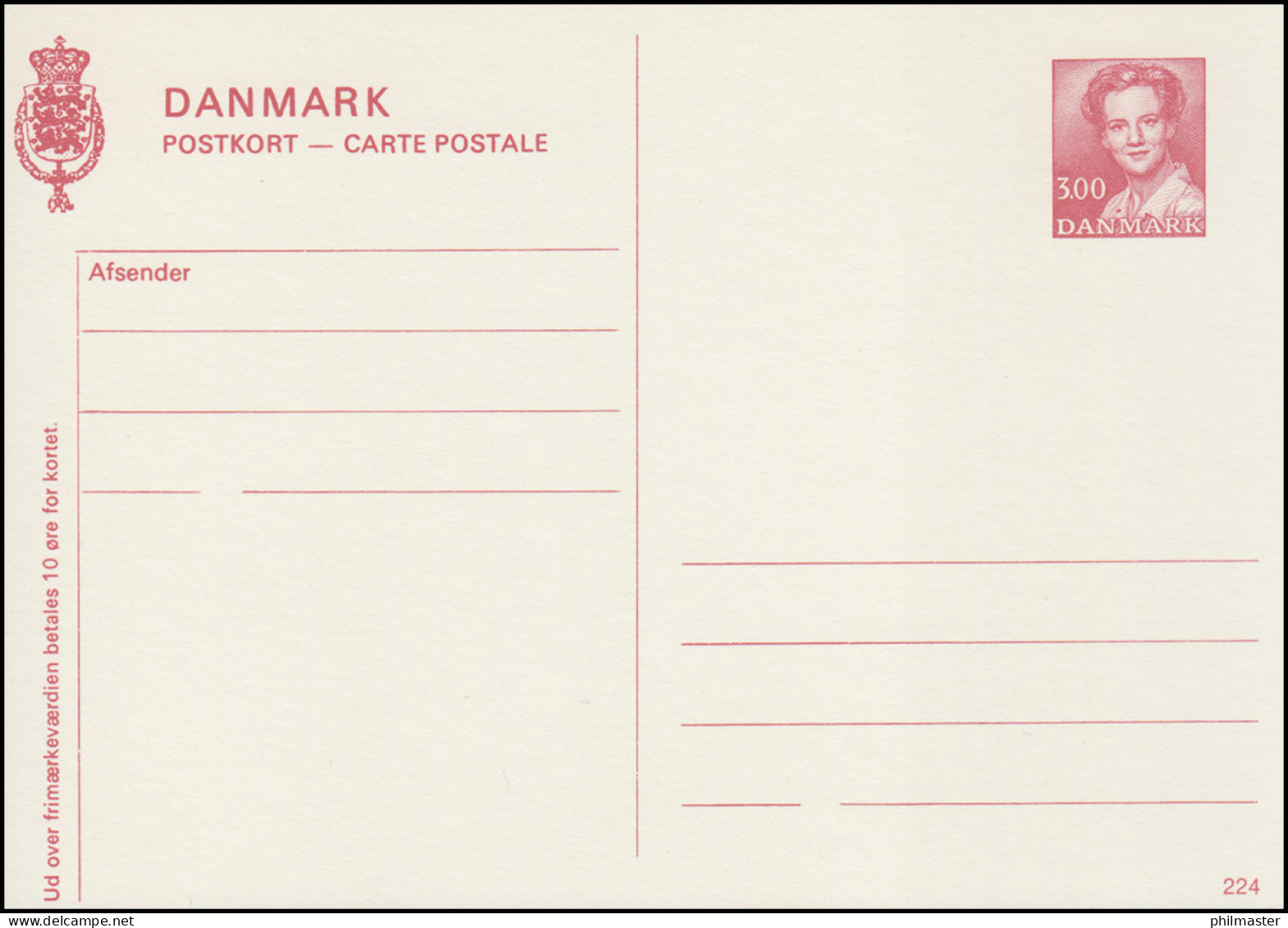Dänemark Postkarte P 281 Königin Margrethe 3,00 Kronen, Kz. 224, ** - Enteros Postales