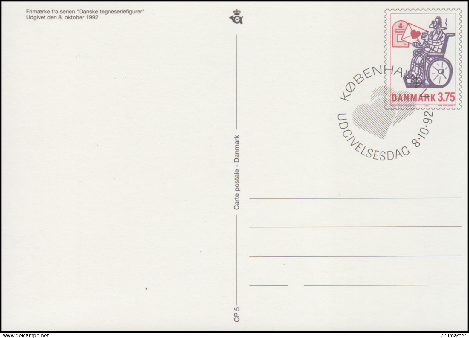 Dänemark Postkarte P 286 Zeichentrickfiguren 3,75 Kronen Kz. CP 5, ESSt 1992 - Interi Postali