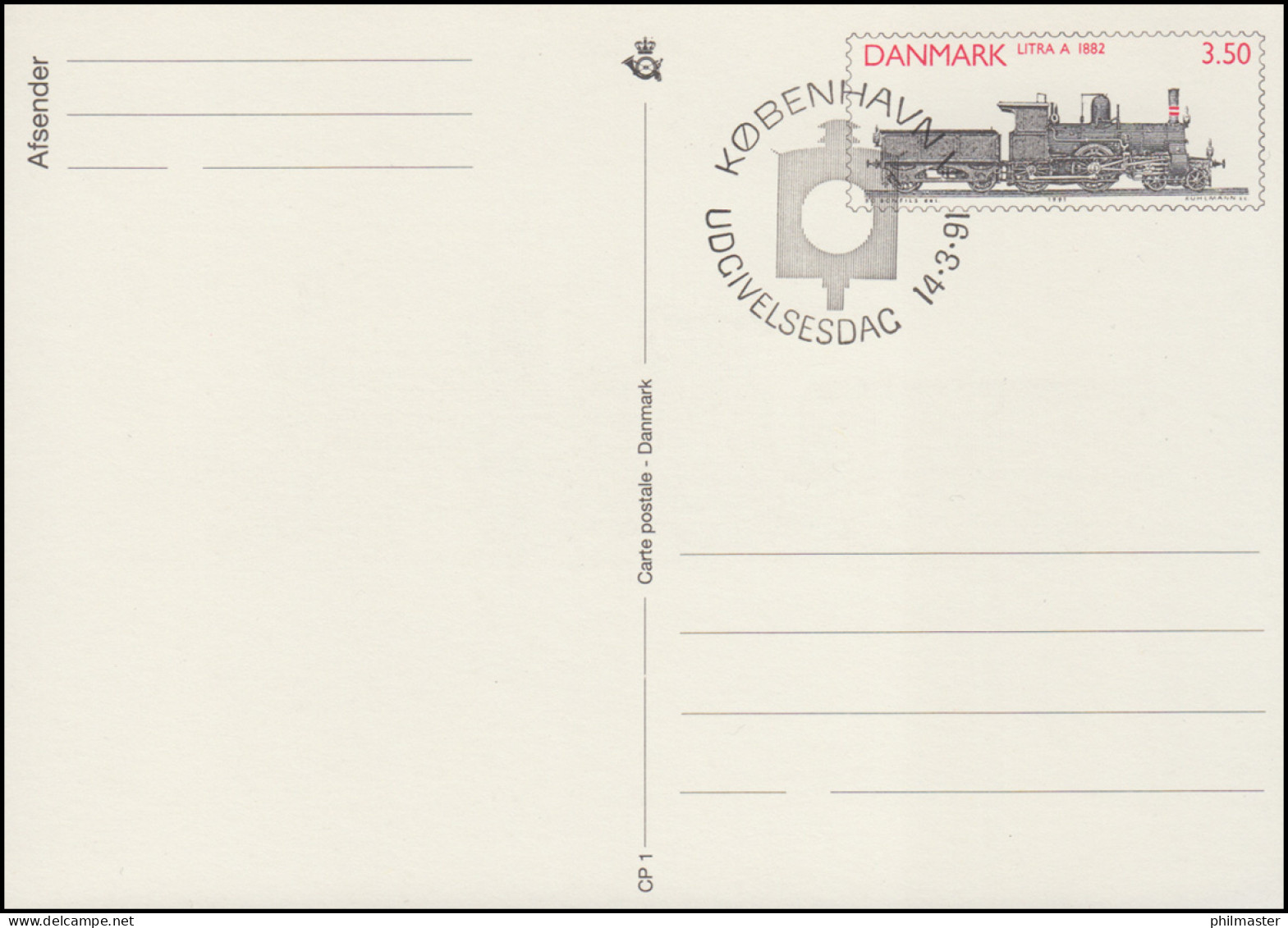 Dänemark Postkarte P 282 Dampflokomotive 3,50 Kronen Kz. CP 1, ESSt 14.3.1991 - Ganzsachen