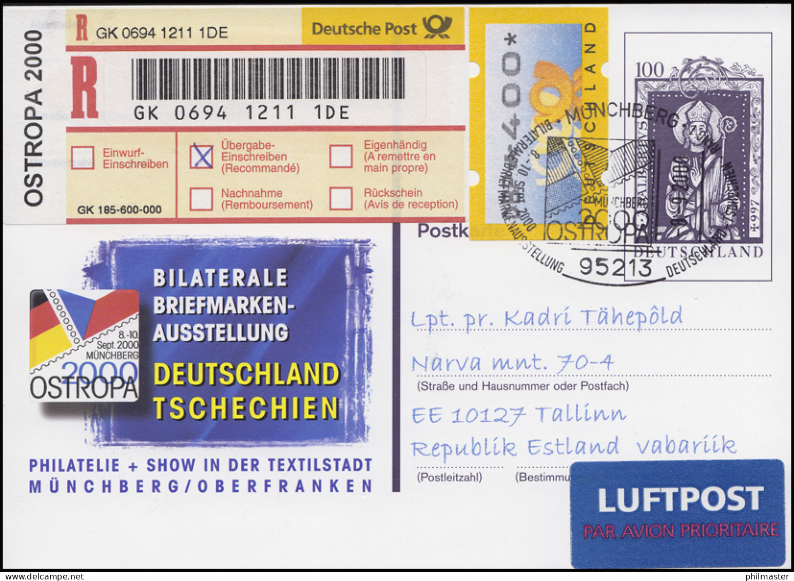 PSo 70 OSTROPA Mit Sonder-R-Zettel OSTROPA 2000, SSt MÜNCHBERG OSTROPA 8.9.2000 - R- & V- Labels