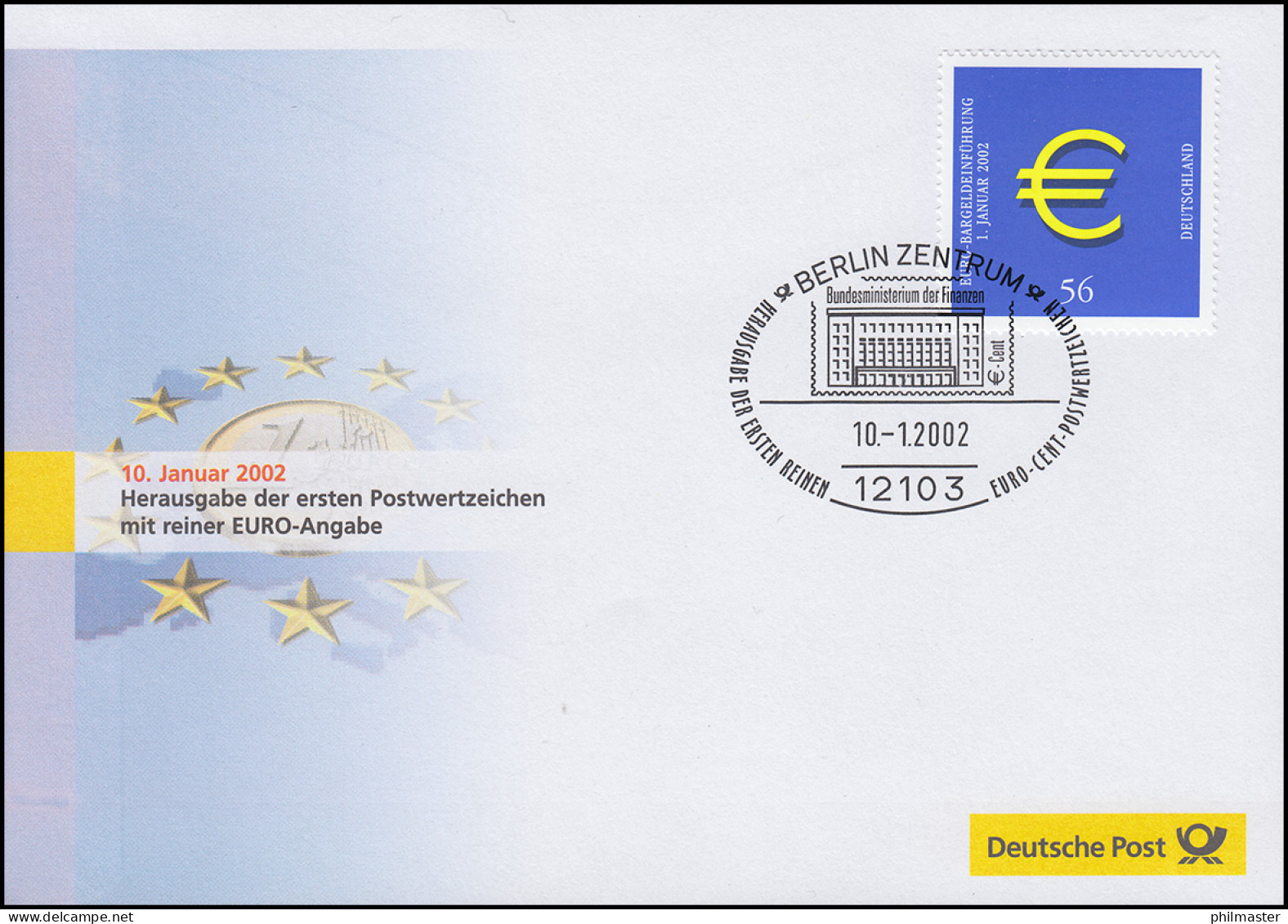 Euro-Einführung: ESSt Berlin 10.1.02: Erstes Marke Mit Reiner Euro-Angabe - Monedas