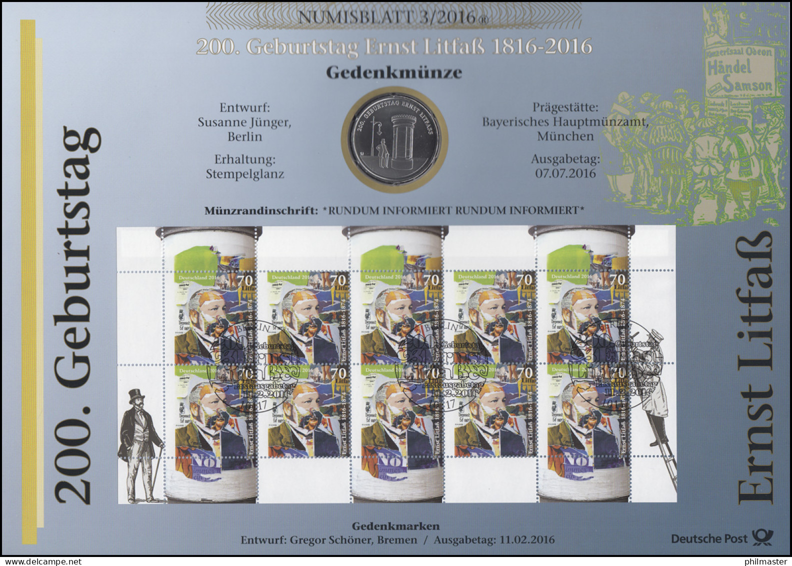 3211 200. Geburtstag Von Ernst Litfaß - Numisblatt 3/2016 - Coin Envelopes