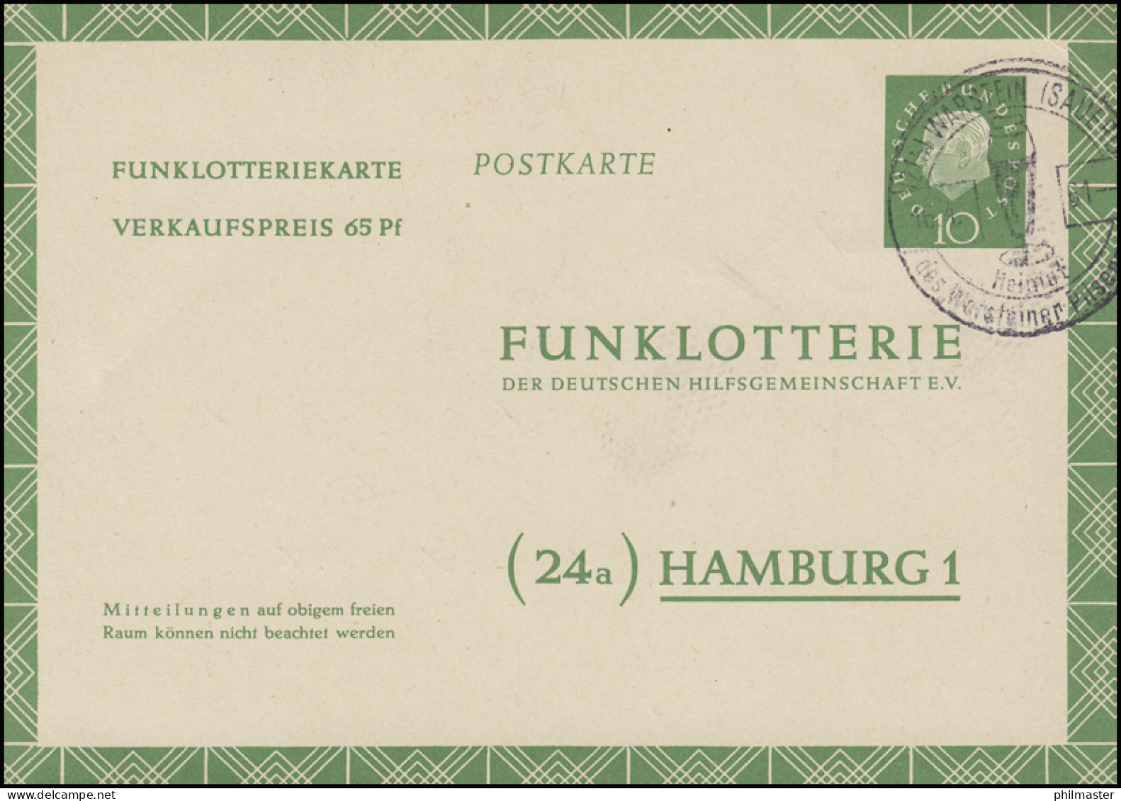 Funklotterie-Postkarte FP 7a Heuss Mit SSt WARSTEIN Warsteiner Pilsner 16.4.61 - Andere & Zonder Classificatie