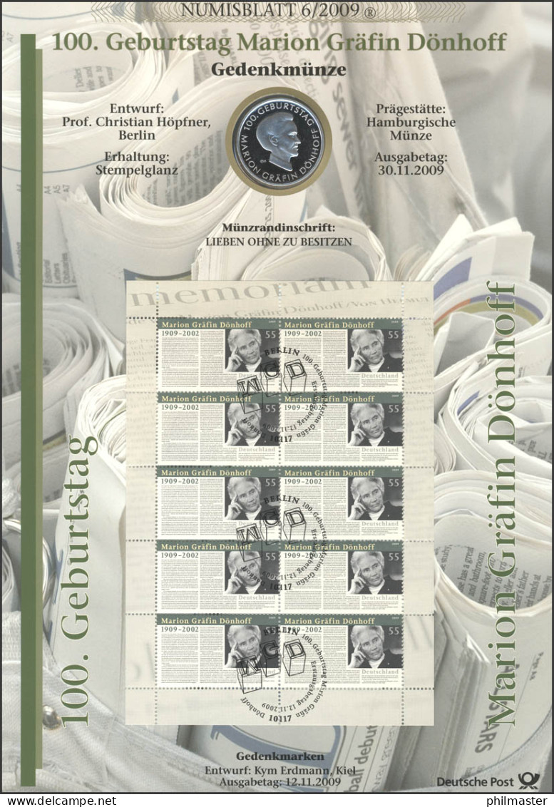 2766 Publizistin Marion Gräfin Dönhoff - Numisblatt 6/2009 - Coin Envelopes