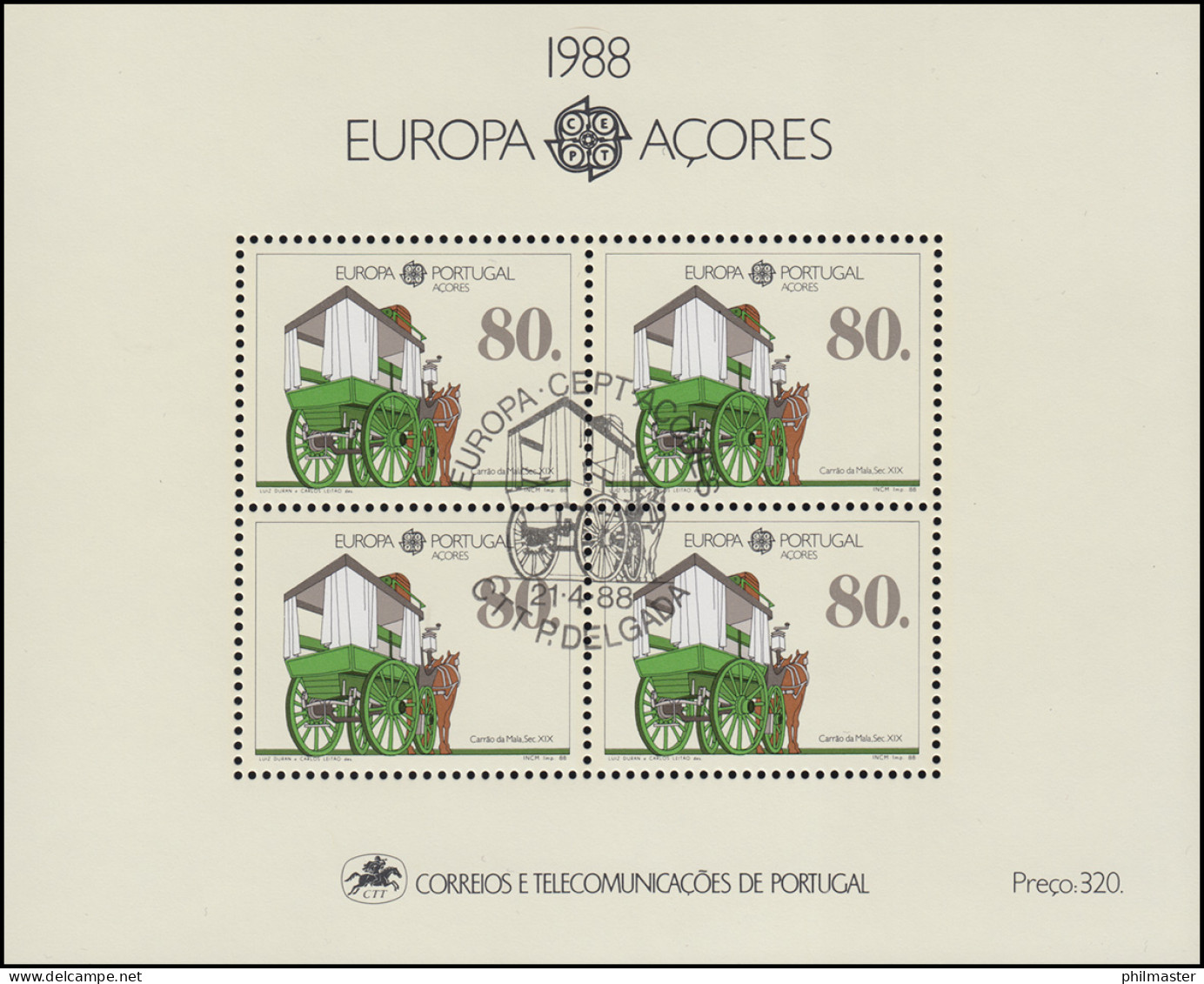 Portugal-Azoren Block 9 Europaunion CEPT Pferdeomnibus 1988, ESSt CTTR DELGADA - Azores