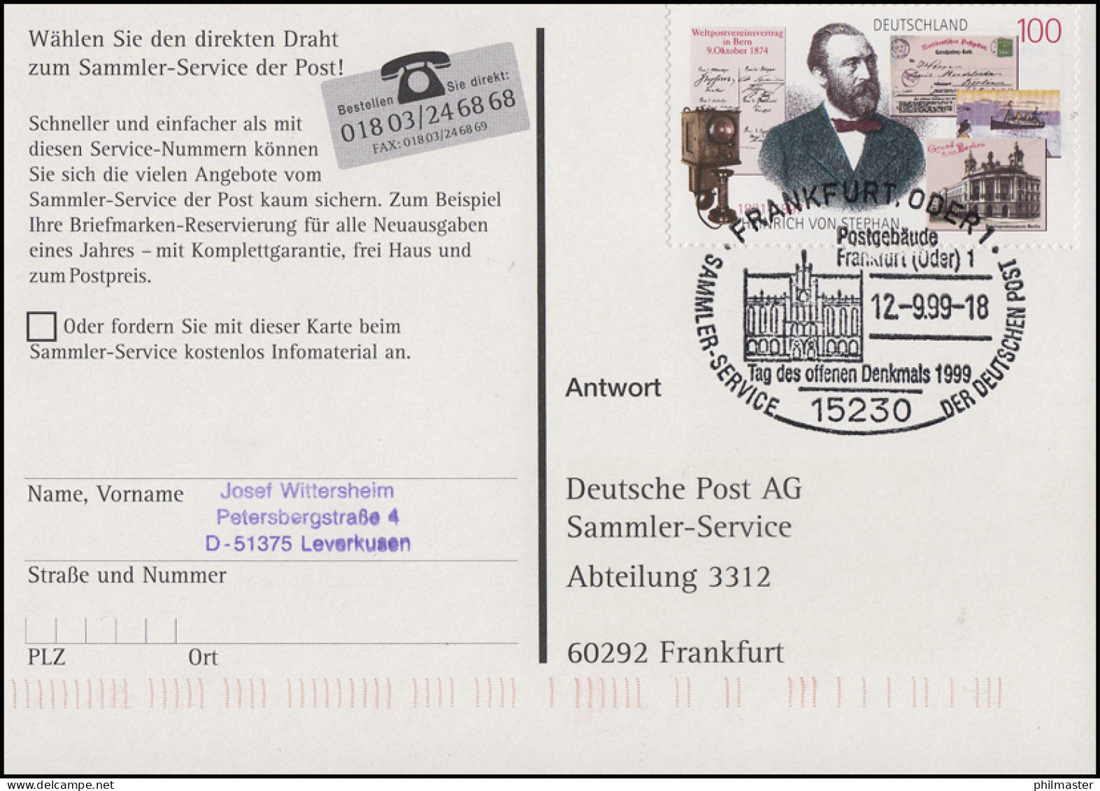 1912 Stephan Auf AK Reichspostamt SSt Frankfurt/Oder Denkmal Postgebäude 12.9.99 - U.P.U.