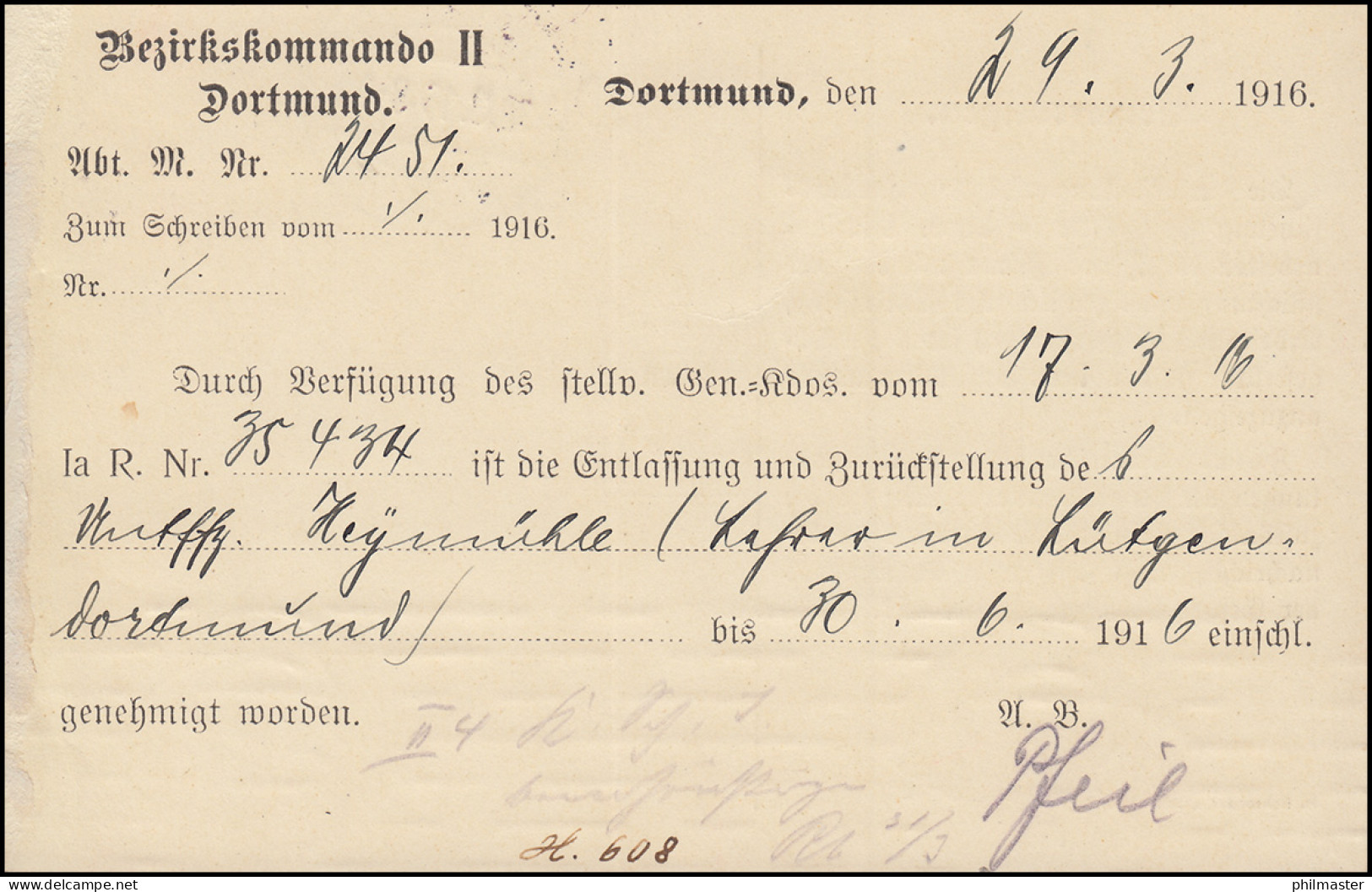 Feldpost Bezirks-Kommando II DORTMUND 30.3.16 An Königl. Regierung In Arnsberg - Feldpost (Portofreiheit)