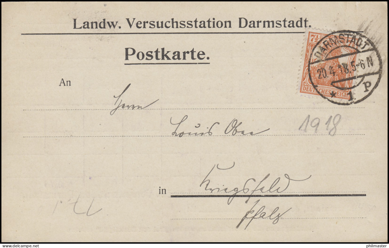 99 Germania EF Postkarte Landw. Versuchsstation DARMSTADT 20.4.18 N. Kriegsfeld - Agricoltura