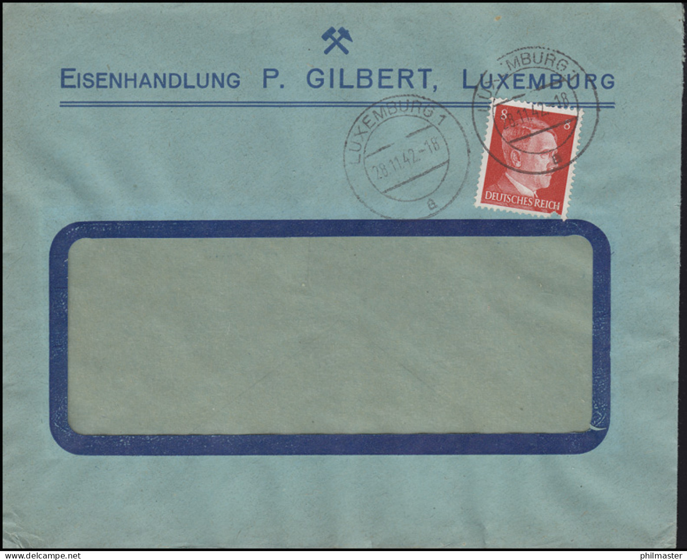 Freimarke Hitler 8 Pf. Fensterbrief Eisenhandlung Gilbert LUXEMBURG 28.11.42 - Factories & Industries